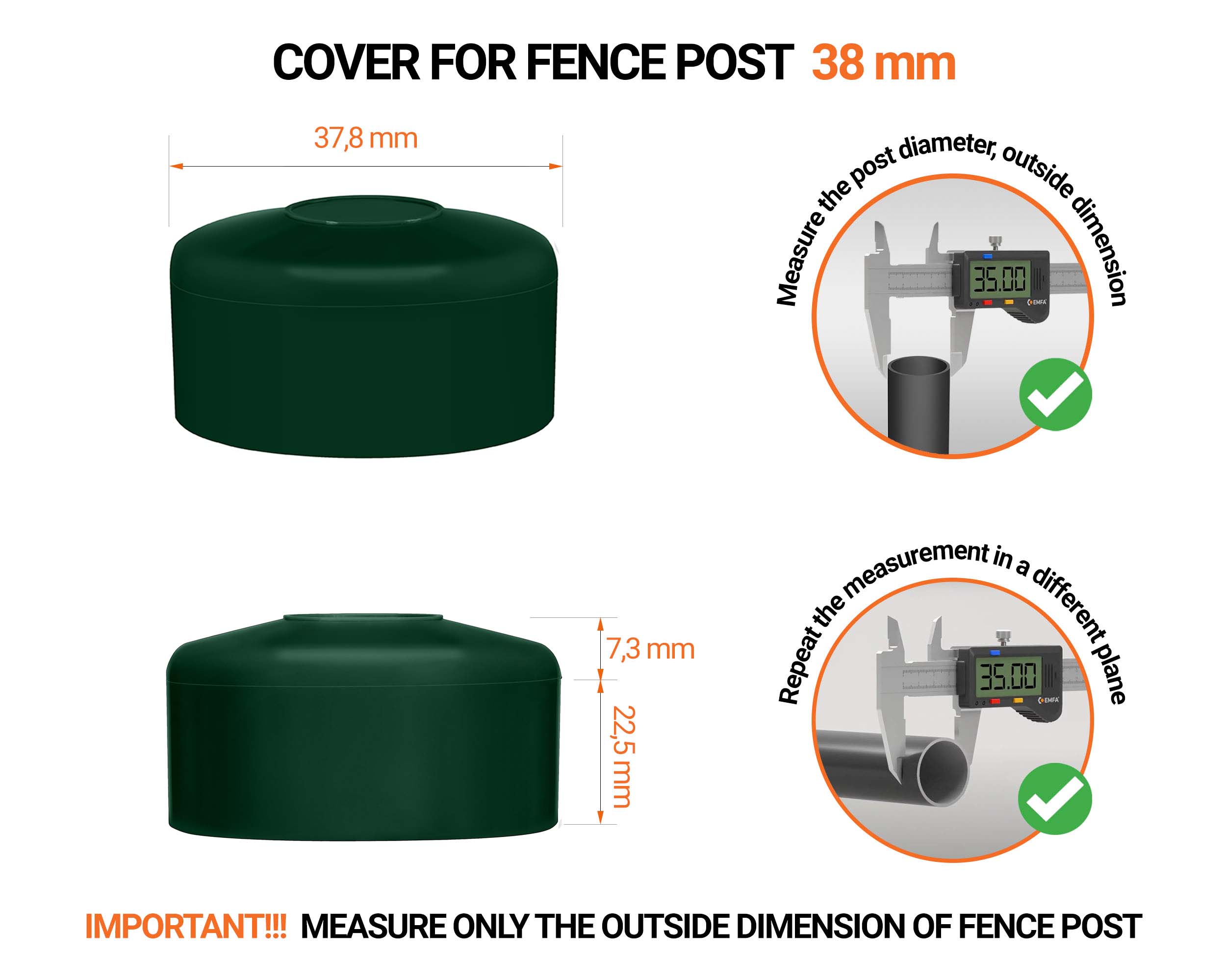 Green plastic caps for round fence posts. Plastic cap for 38 mm fence post. Dimensions chart and guide for correct fence post cap measurement.