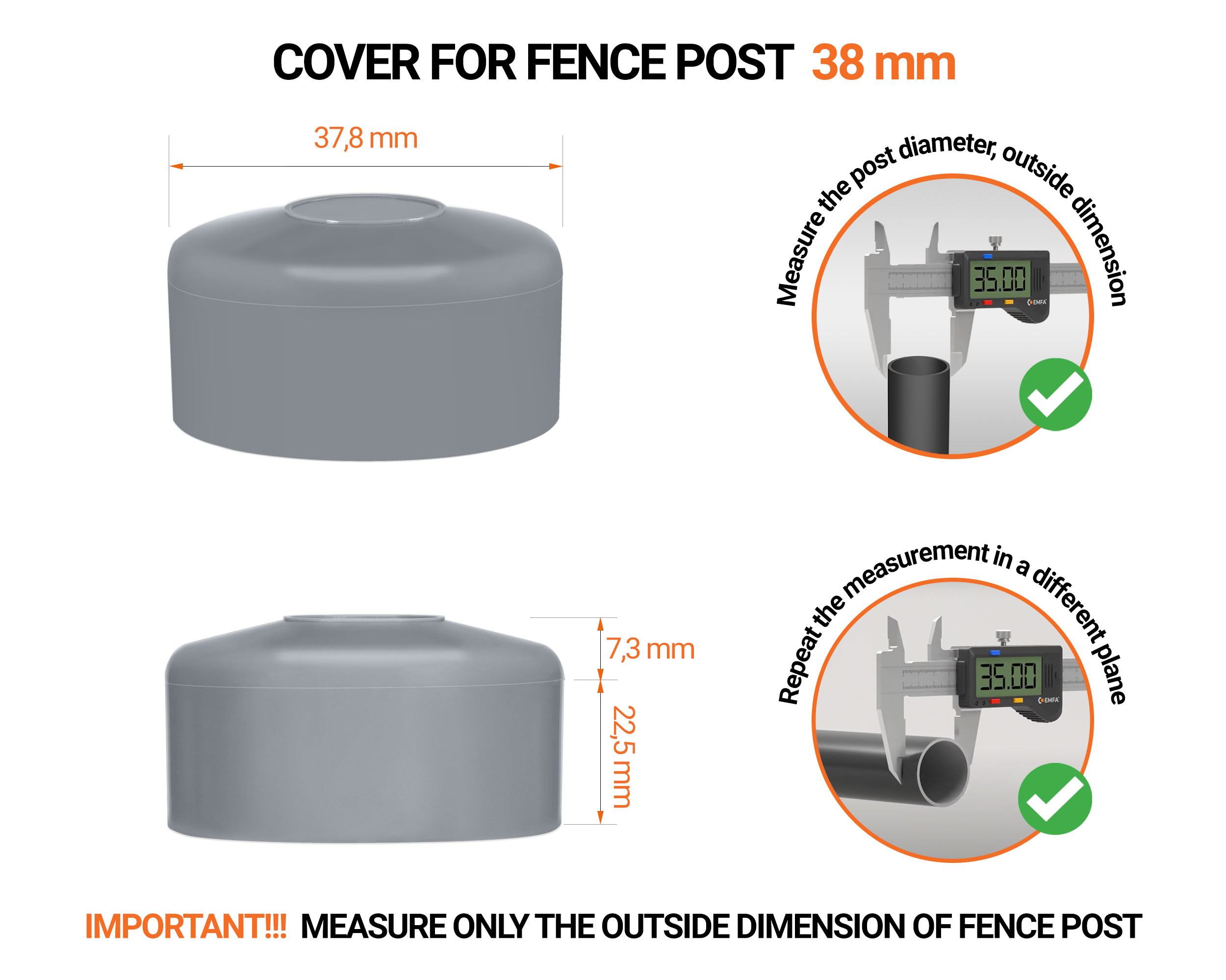 Grey plastic caps for round fence posts. Plastic cap for 38 mm fence post. Dimensions chart and guide for correct fence post cap measurement.