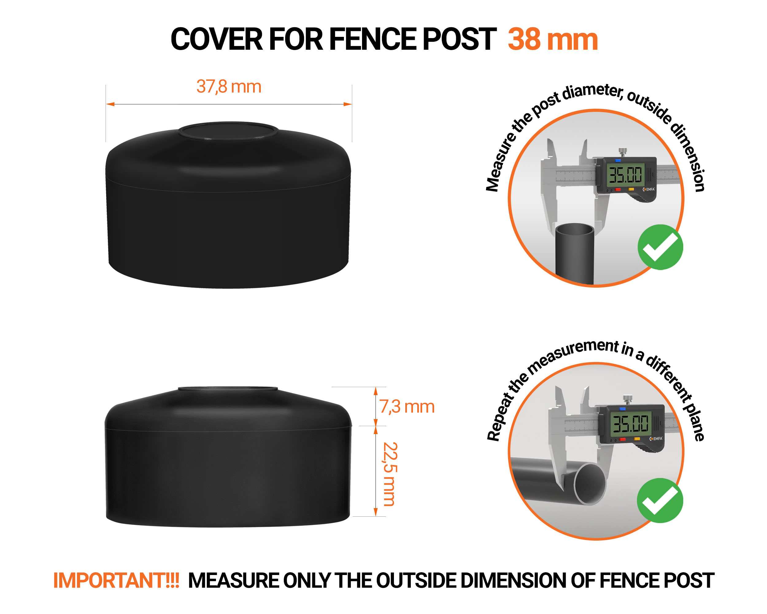 Black plastic caps for round fence posts. Plastic cap for 38 mm fence post. Dimensions chart and guide for correct fence post cap measurement.