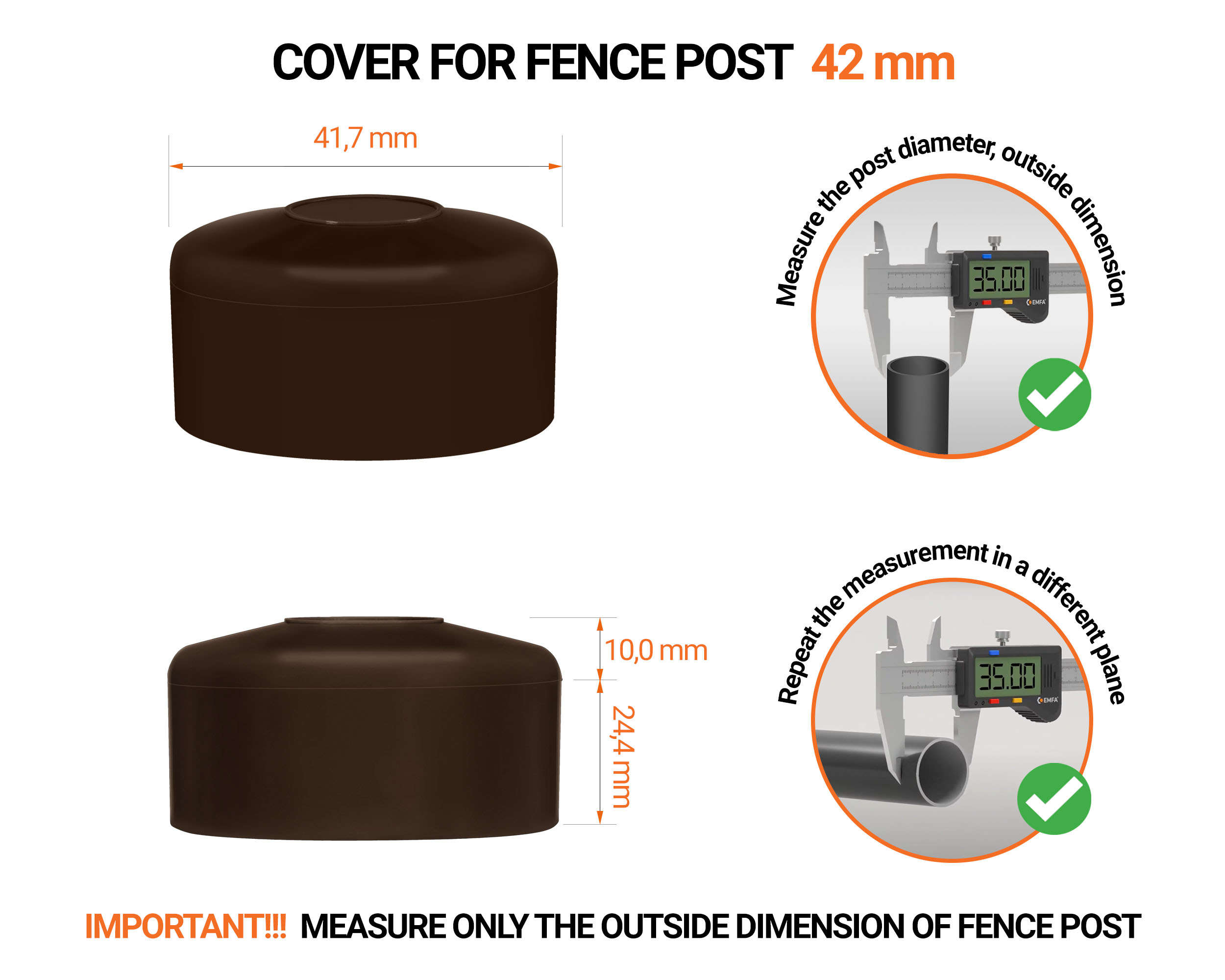 Brown plastic caps for round fence posts. Plastic cap for 42 mm fence post. Dimensions chart and guide for correct fence post cap measurement.