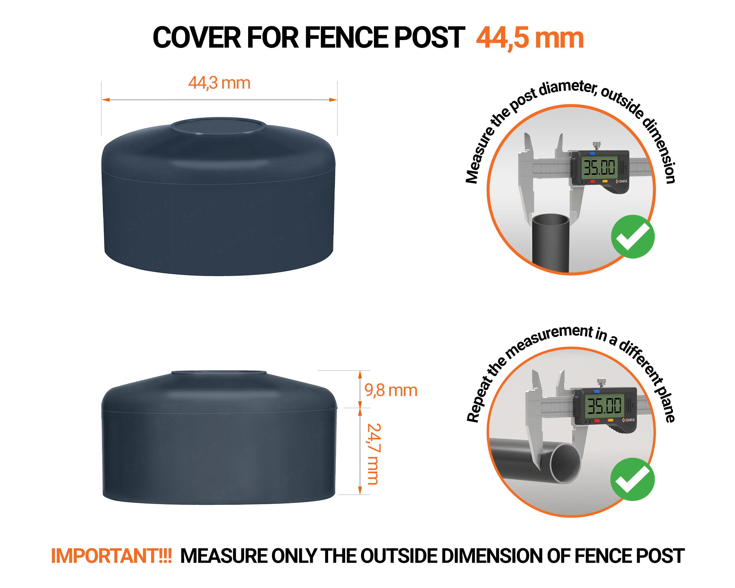 Anthracite plastic caps for round fence posts. Plastic cap for 44,5 mm fence post. Dimensions chart and guide for correct fence post cap measurement.