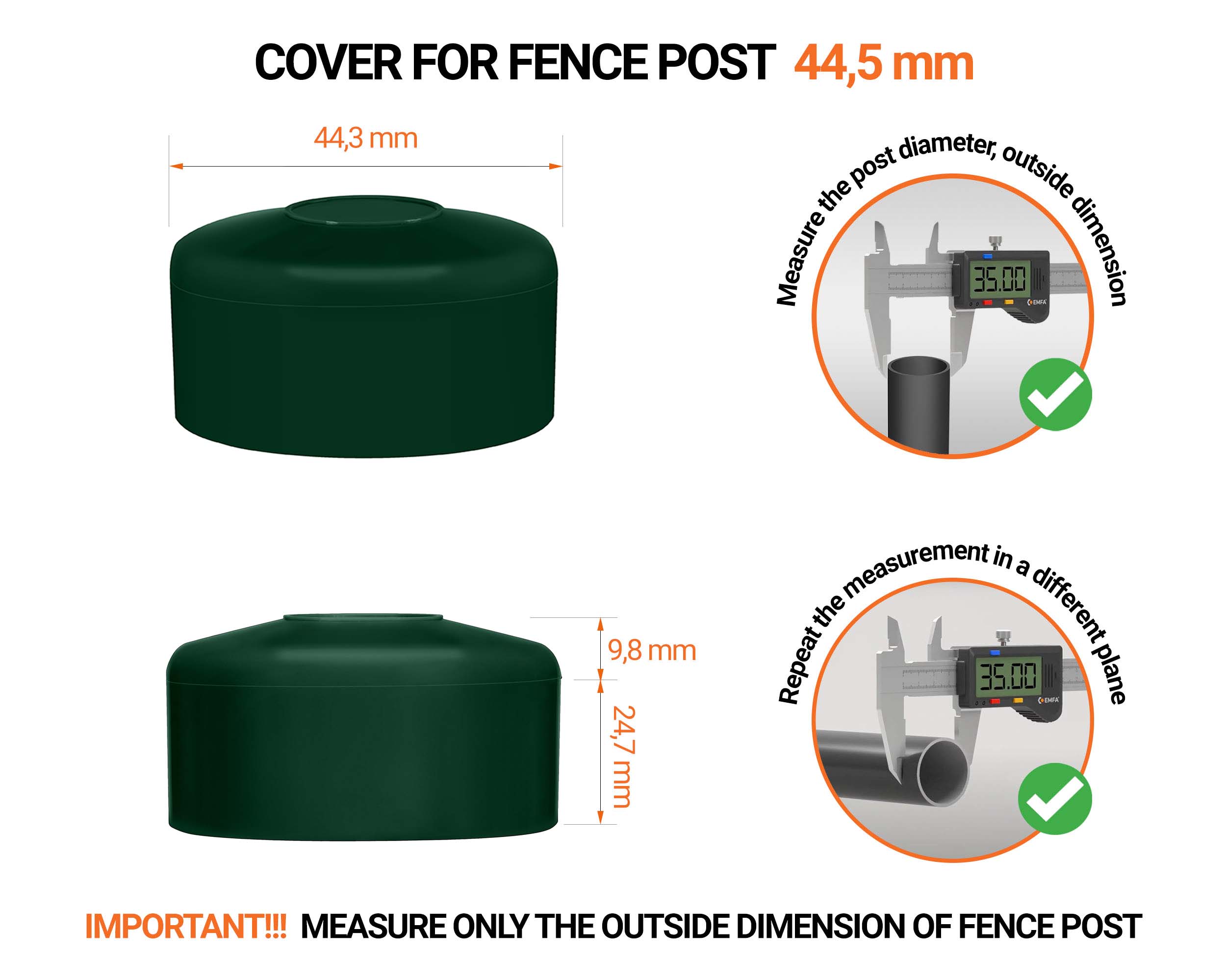 Green plastic caps for round fence posts. Plastic cap for 44,5 mm fence post. Dimensions chart and guide for correct fence post cap measurement.