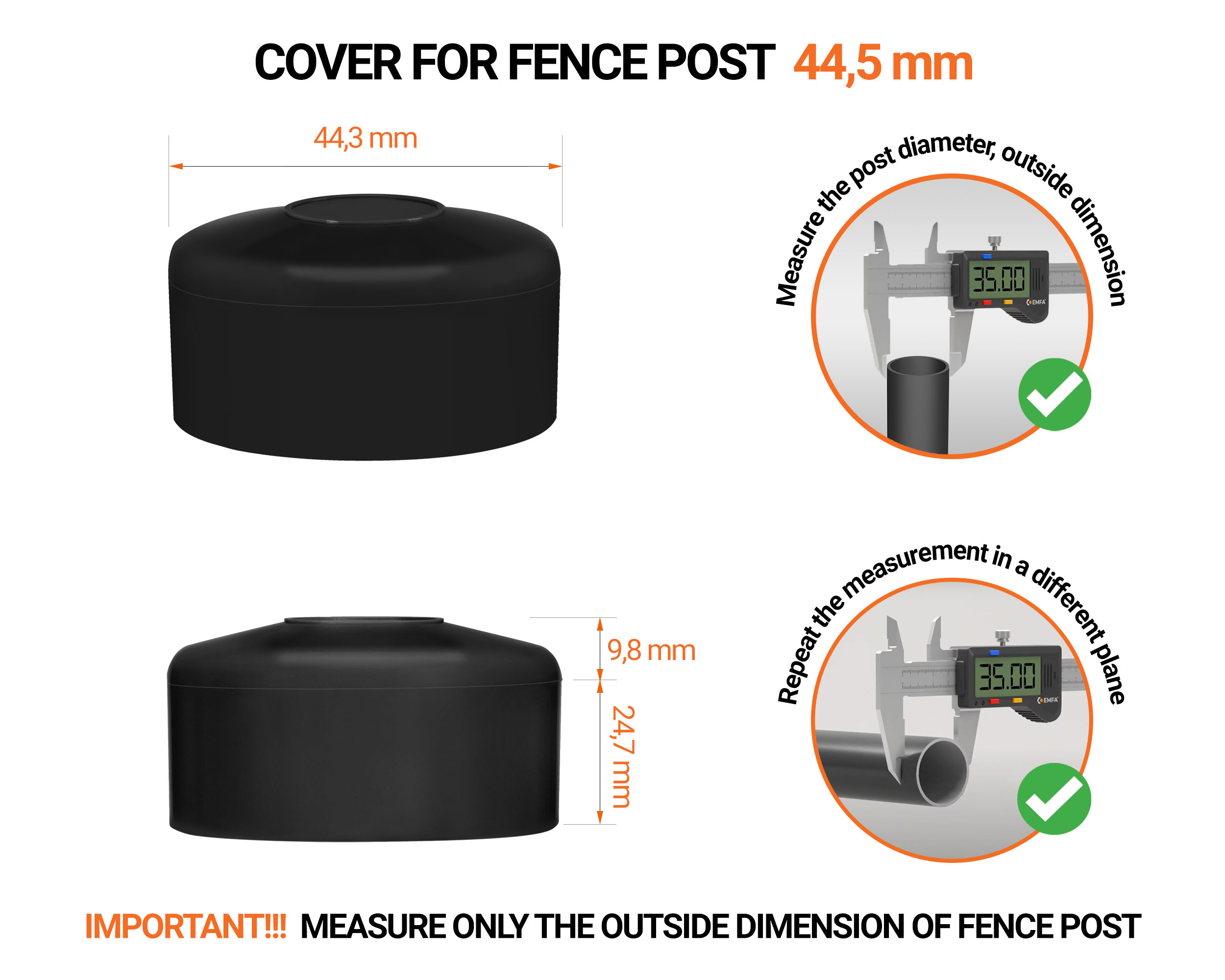 Black plastic caps for round fence posts. Plastic cap for 44,5 mm fence post. Dimensions chart and guide for correct fence post cap measurement.