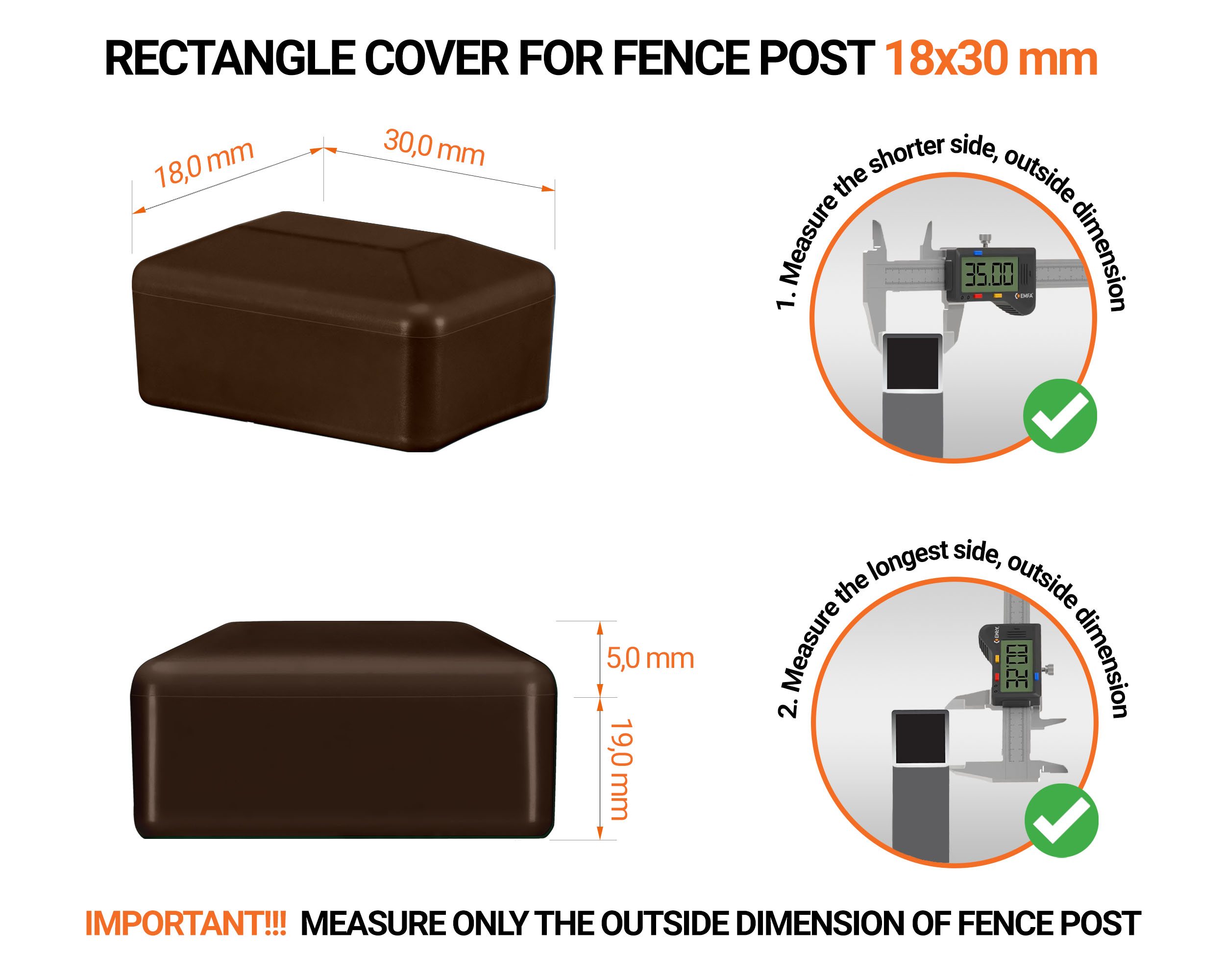 Brown plastic caps for rectangular fence posts. Plastic cap for pole for 18x30 mm fence post. Dimensions chart and guide for correct fence post cap measurement.