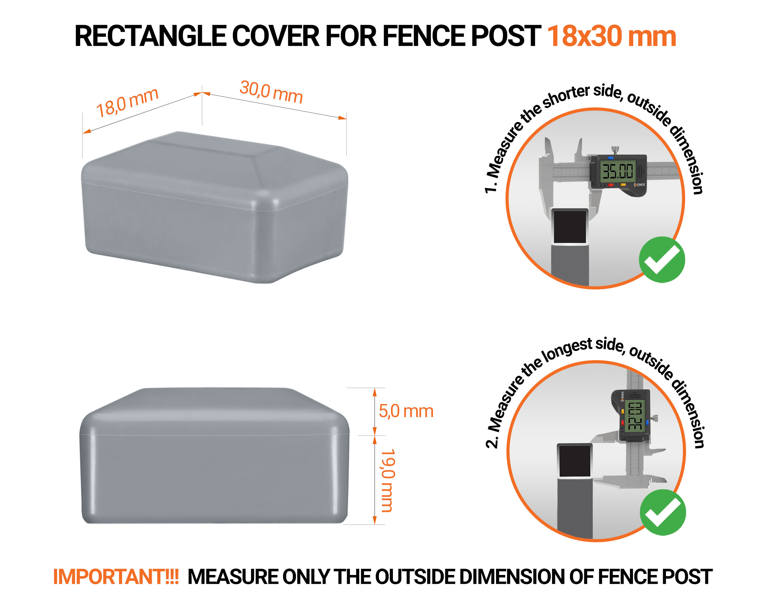 Grey plastic caps for rectangular fence posts. Plastic cap for pole for 18x30 mm fence post. Dimensions chart and guide for correct fence post cap measurement.