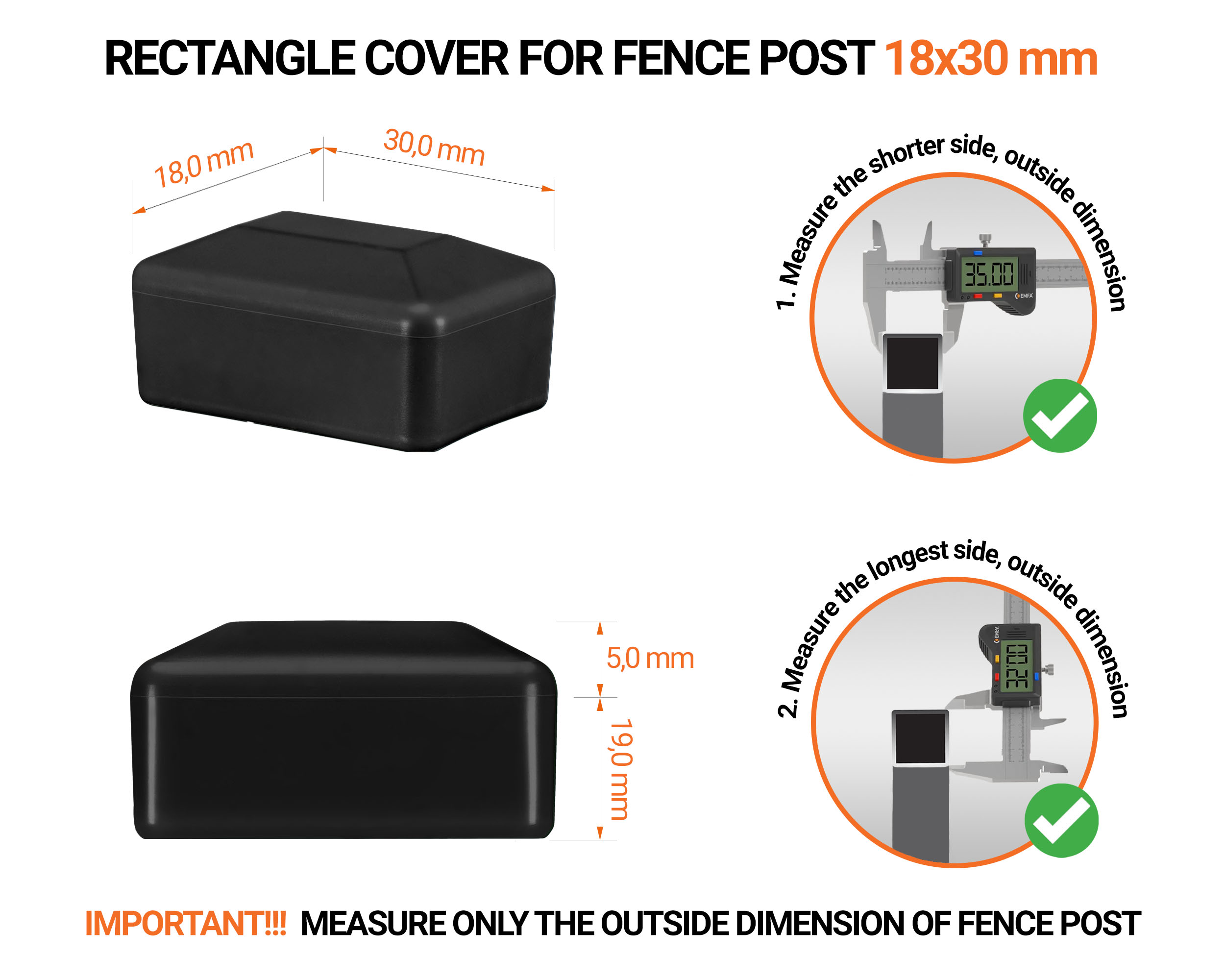 Black plastic caps for rectangular fence posts. Plastic cap for pole for 18x30 mm fence post. Dimensions chart and guide for correct fence post cap measurement.