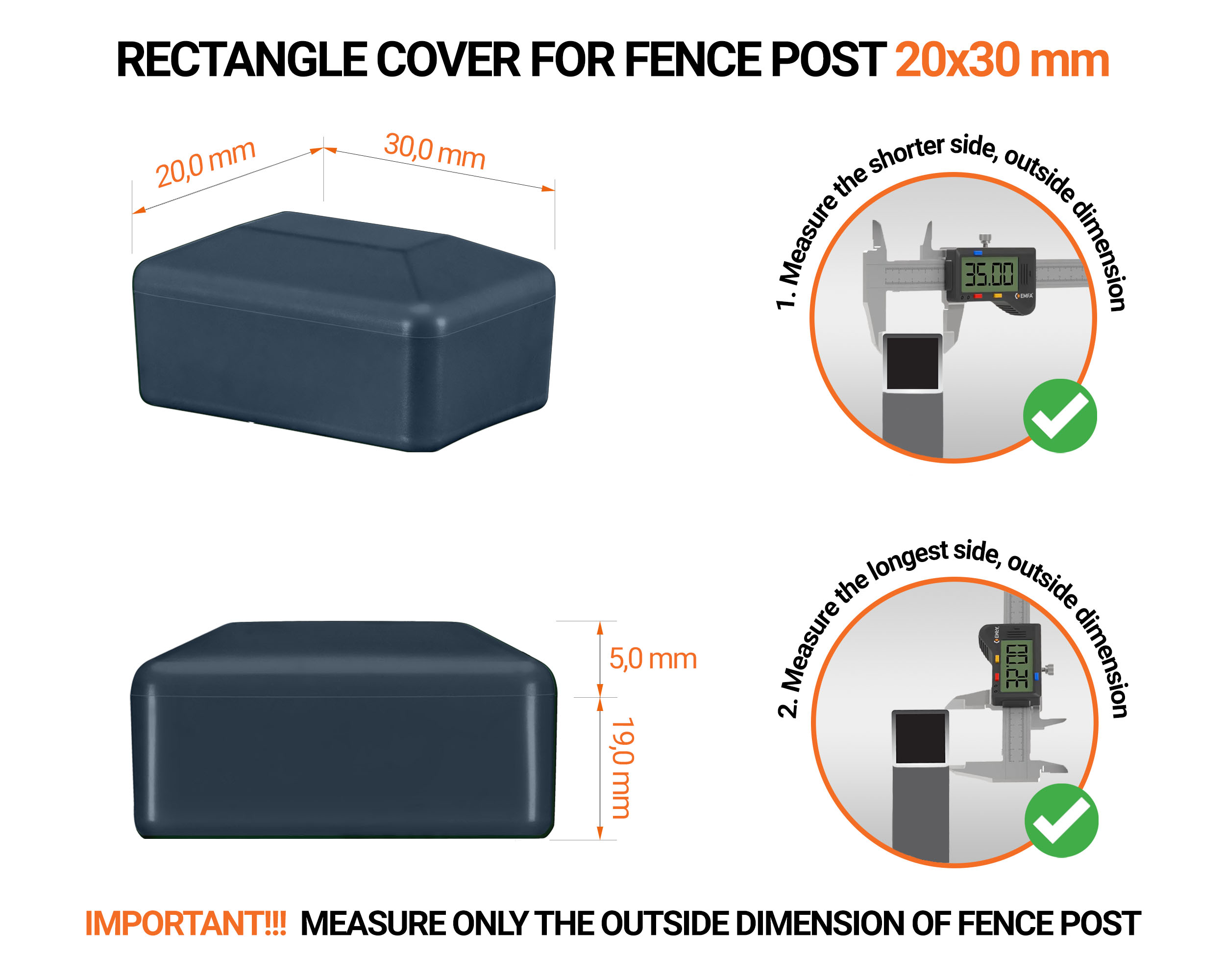 Anthracite plastic caps for rectangular fence posts. Plastic cap for pole for 20x30 mm fence post. Dimensions chart and guide for correct fence post cap measurement.