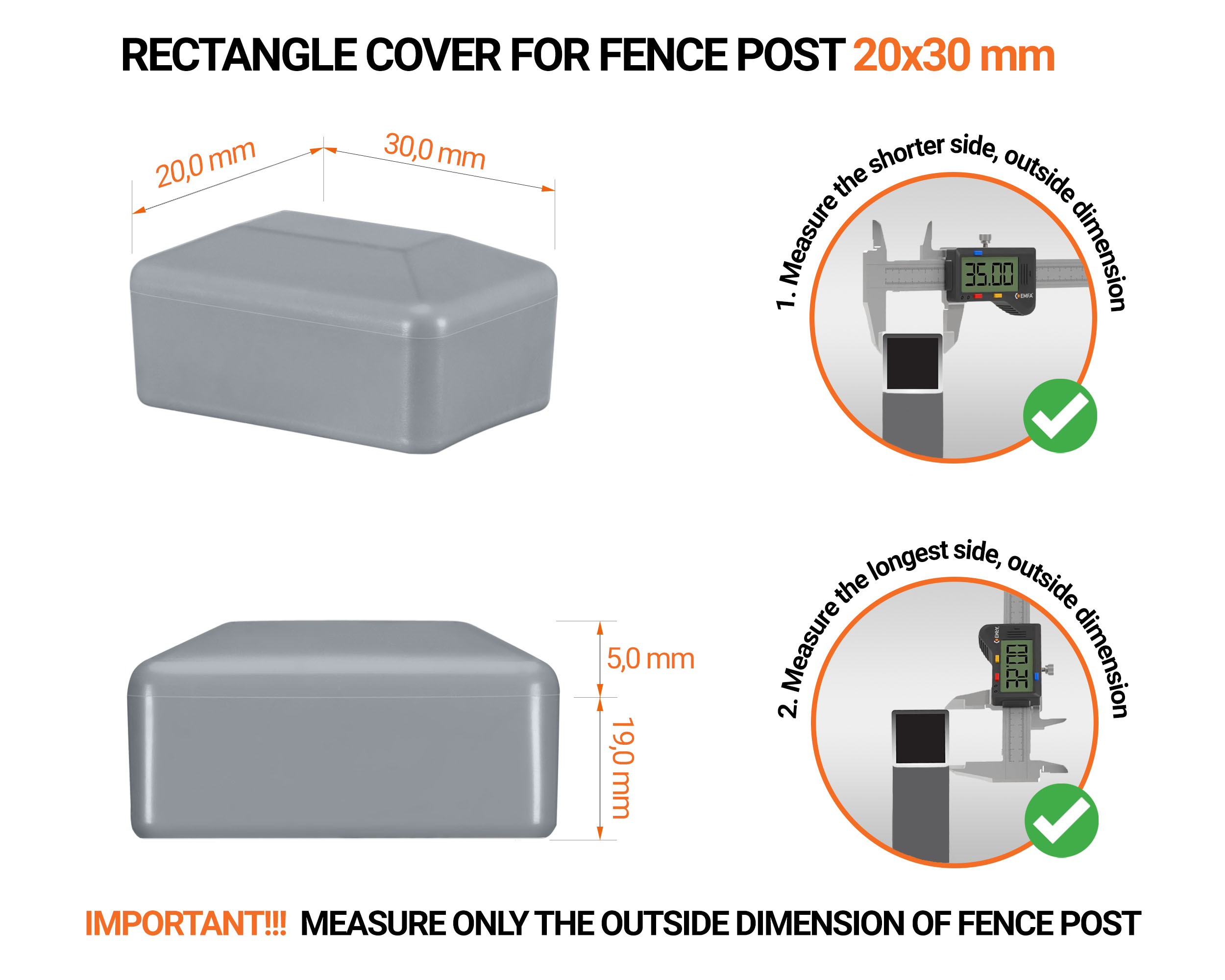 Grey plastic caps for rectangular fence posts. Plastic cap for pole for 20x30 mm fence post. Dimensions chart and guide for correct fence post cap measurement.