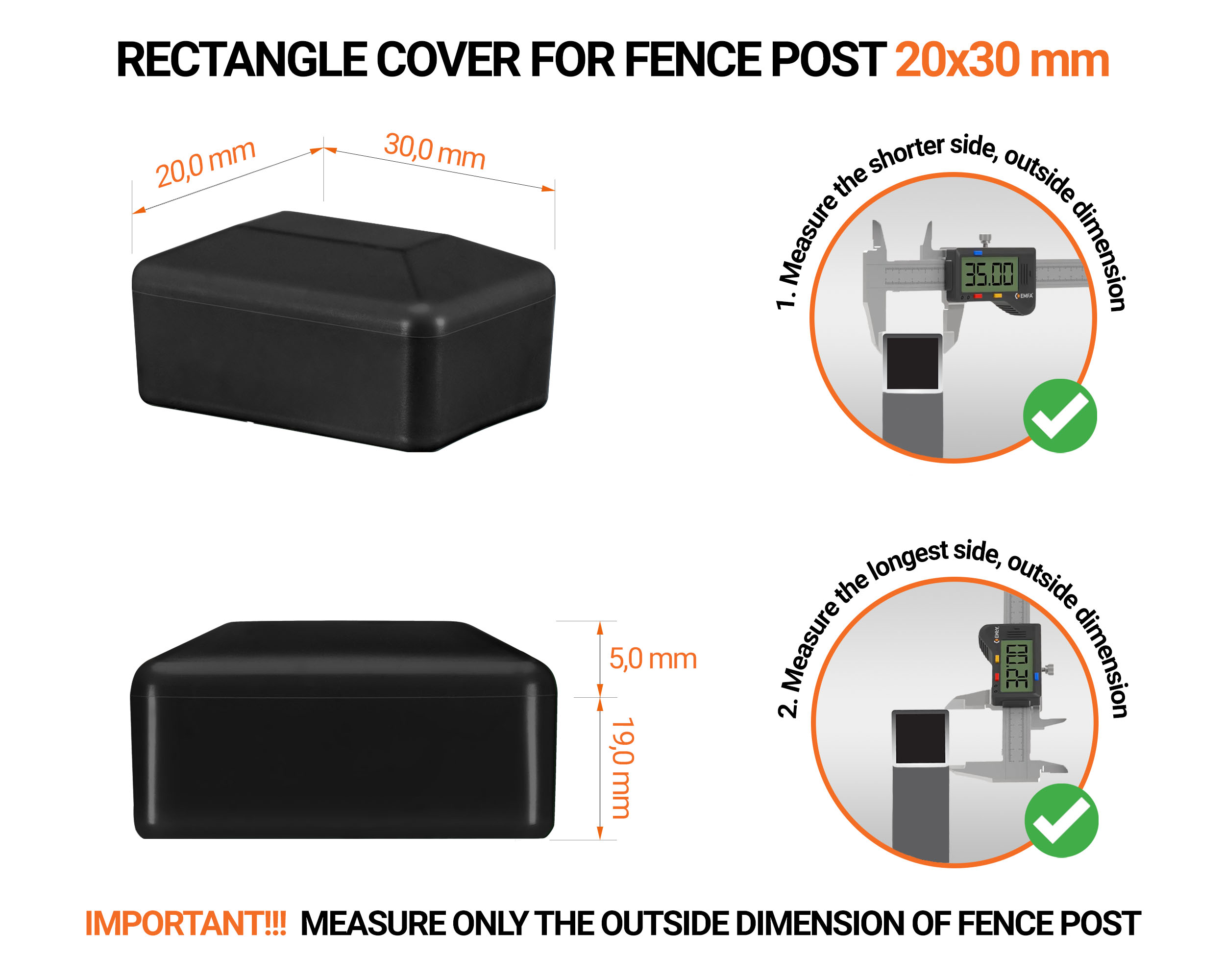 Black plastic caps for rectangular fence posts. Plastic cap for pole for 20x30 mm fence post. Dimensions chart and guide for correct fence post cap measurement.