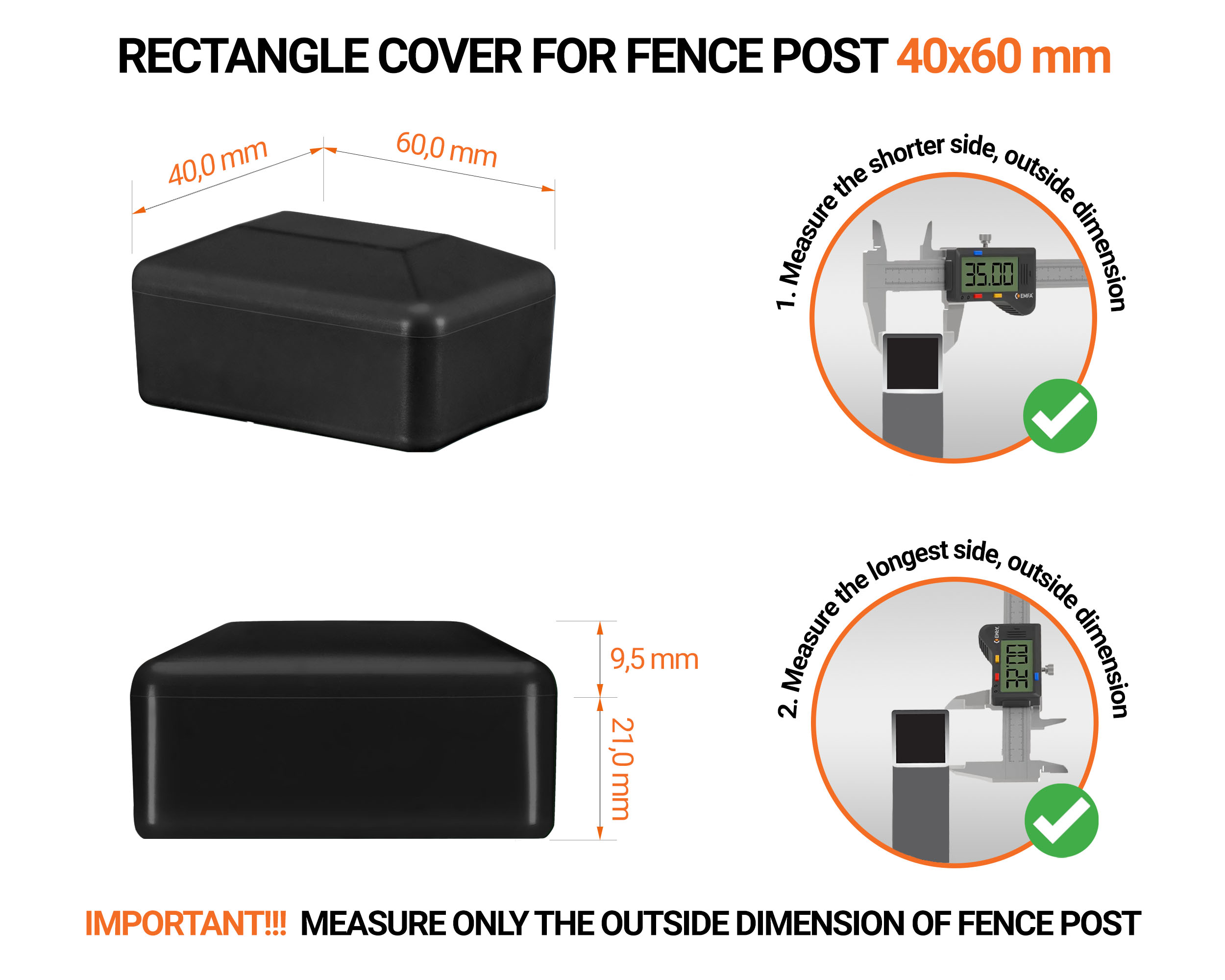 Black plastic caps for rectangular fence posts. Plastic cap for pole for 40x60 mm fence post. Dimensions chart and guide for correct fence post cap measurement.