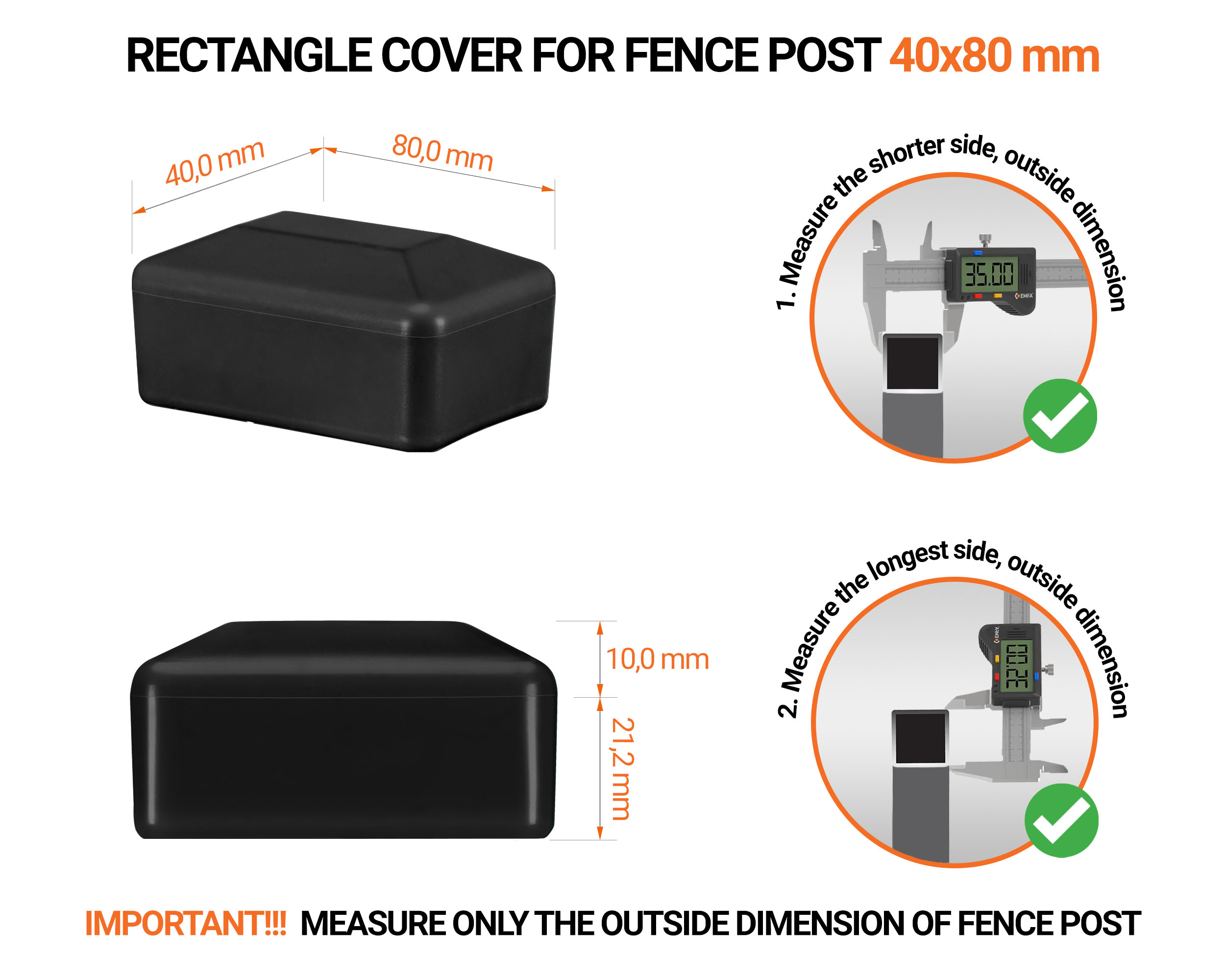 Black plastic caps for rectangular fence posts. Plastic cap for pole for 40x80 mm fence post. Dimensions chart and guide for correct fence post cap measurement.