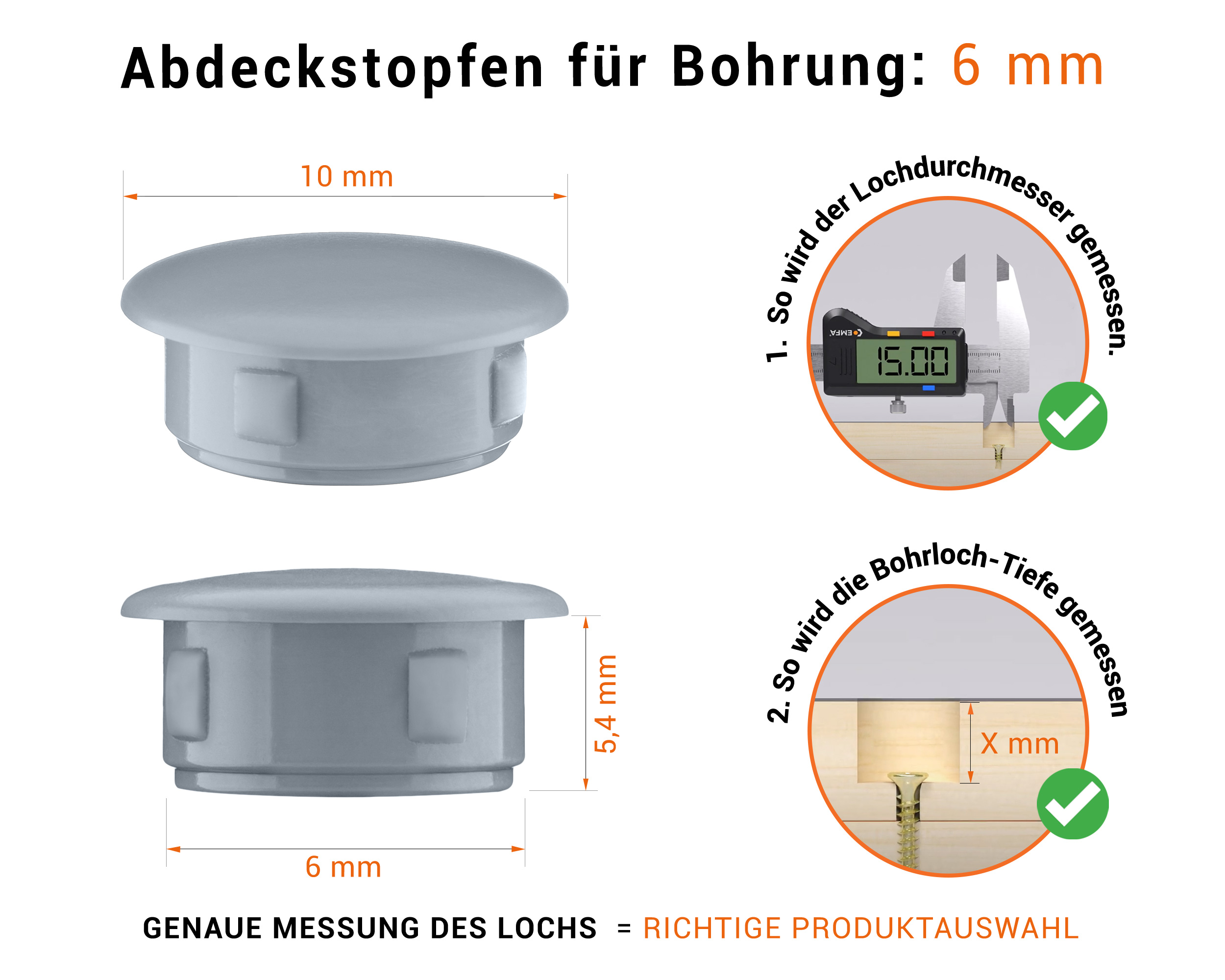 Graue Blindstopfen aus Kunststoff für Bohrung 6 mm mm mit technischen Abmessungen und Anleitung für korrekte Messung