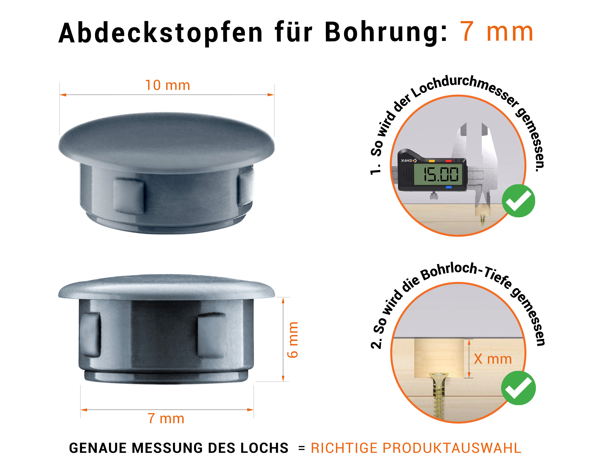 Anthrazite Blindstopfen aus Kunststoff für Bohrung 7 mm mm mit technischen Abmessungen und Anleitung für korrekte Messung
