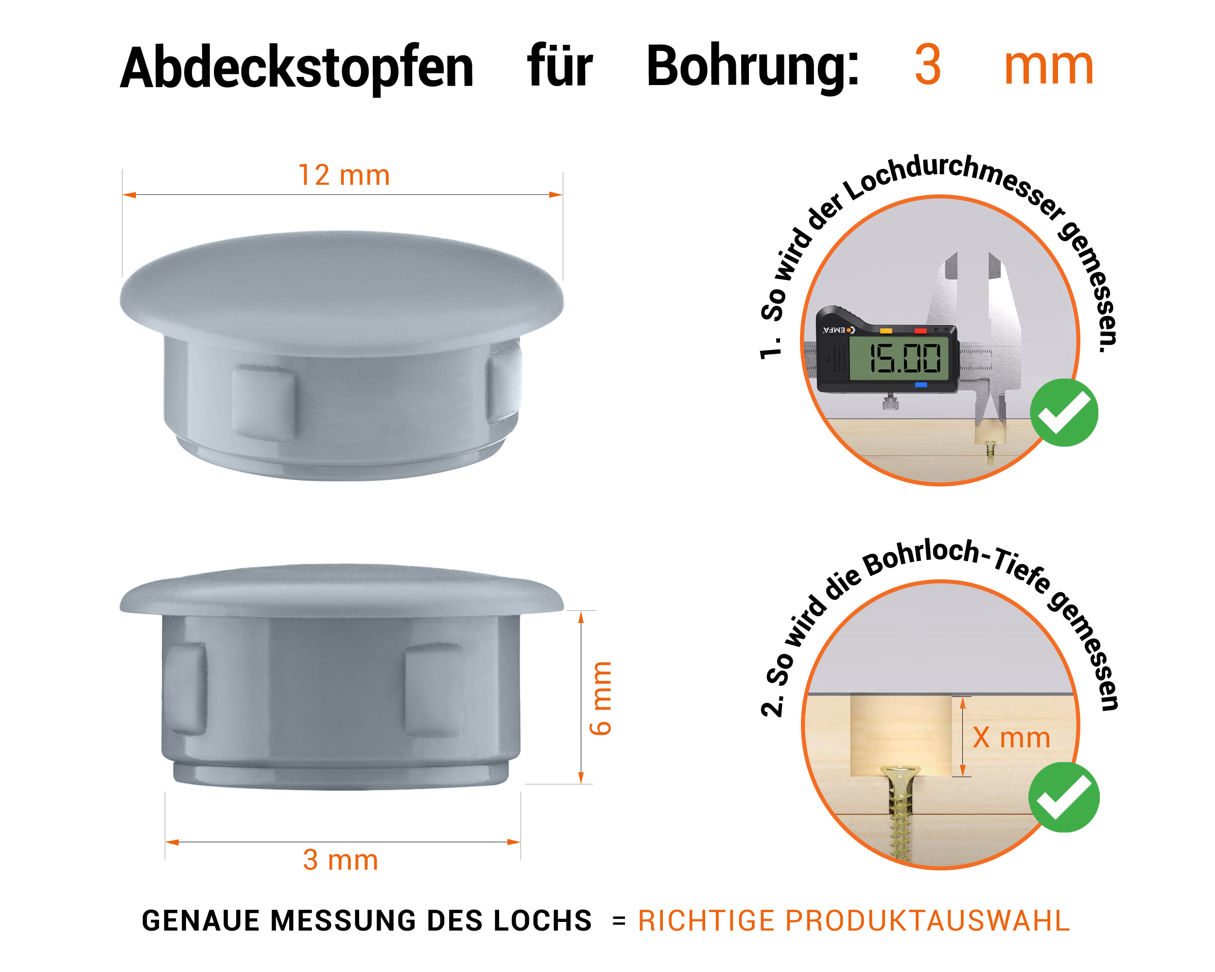 Graue Blindstopfen aus Kunststoff für Bohrung 3 mm mm mit technischen Abmessungen und Anleitung für korrekte Messung