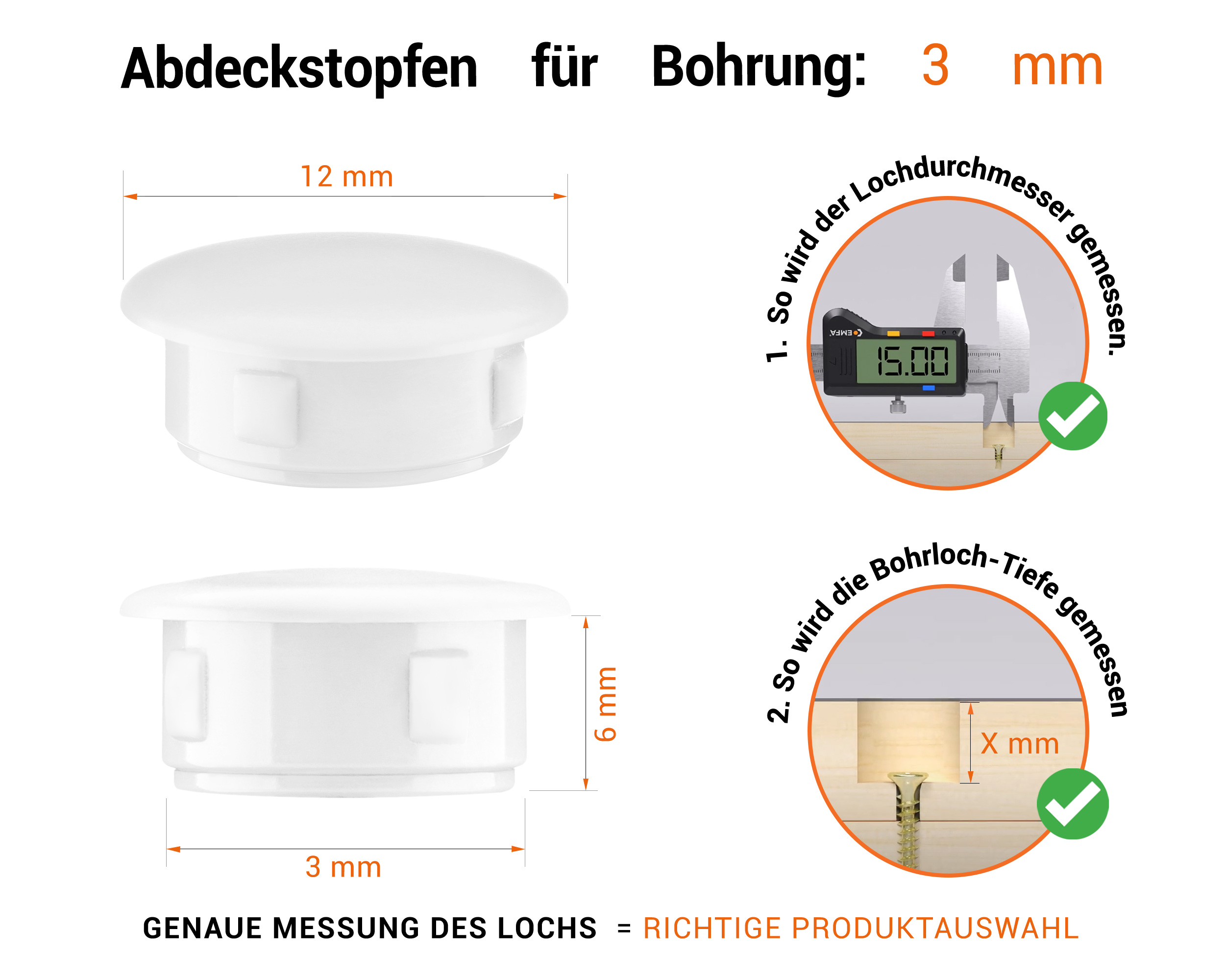 Weiße Blindstopfen aus Kunststoff für Bohrung 3 mm mm mit technischen Abmessungen und Anleitung für korrekte Messung