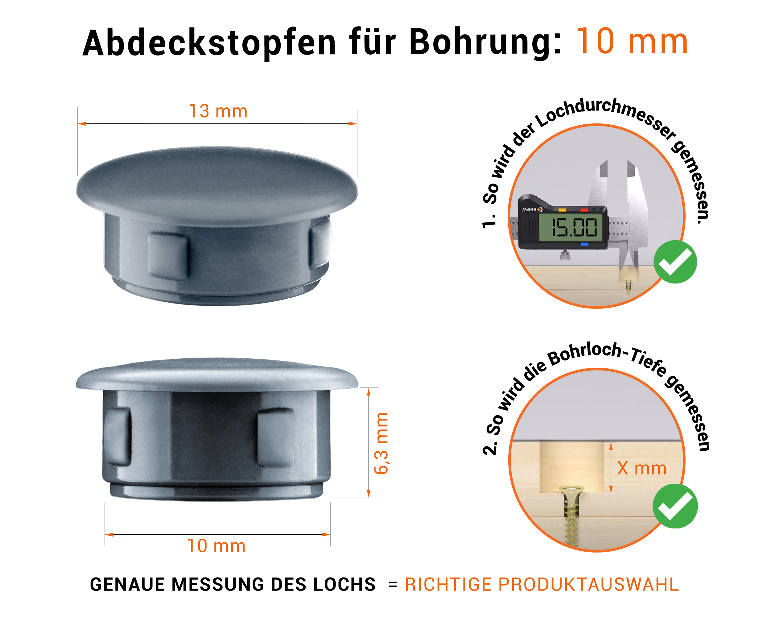 Anthrazite Blindstopfen aus Kunststoff für Bohrung 10 mmmm mit technischen Abmessungen und Anleitung für korrekte Messung
