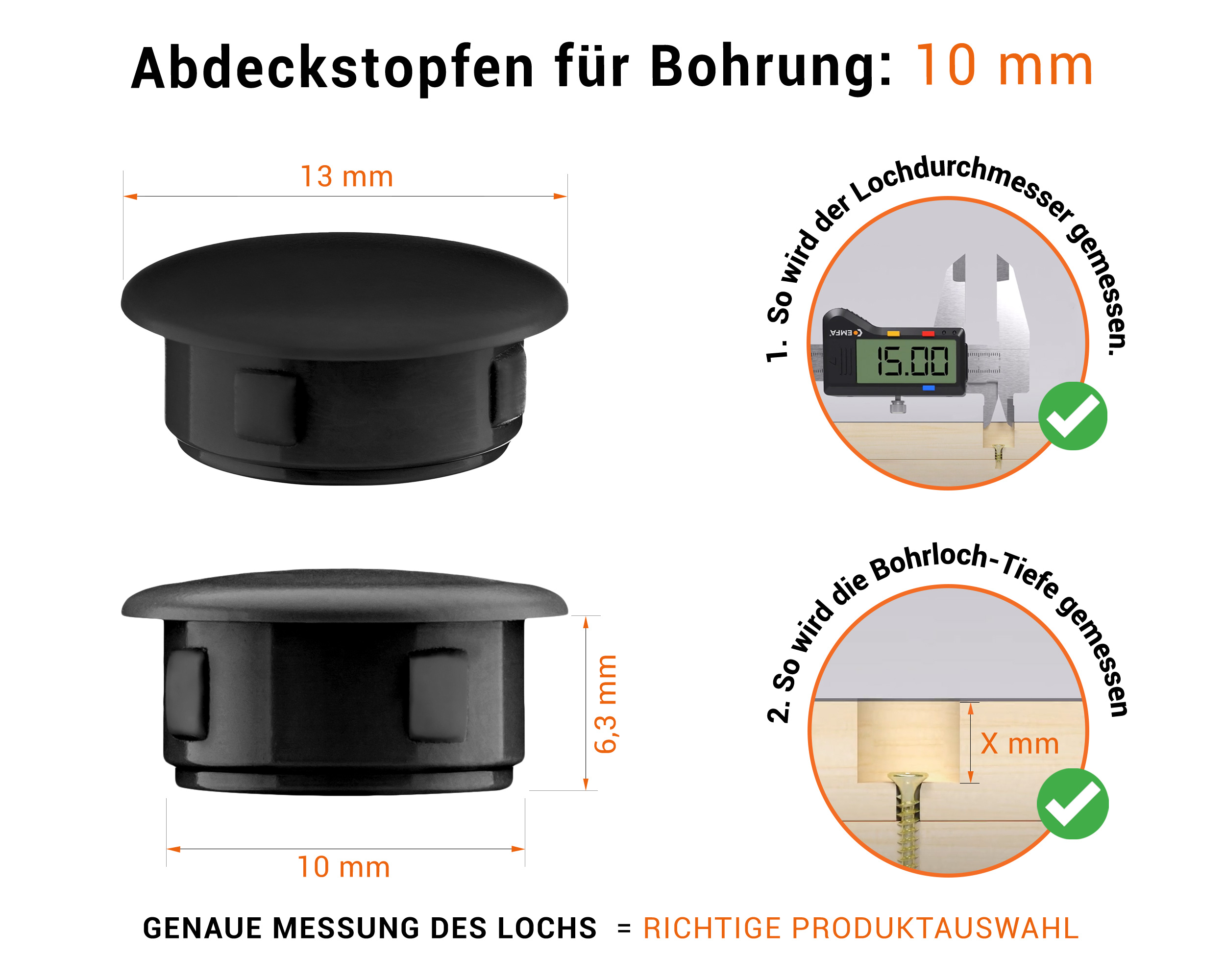 Schwarze Blindstopfen aus Kunststoff für Bohrung 10 mmmm mit technischen Abmessungen und Anleitung für korrekte Messung