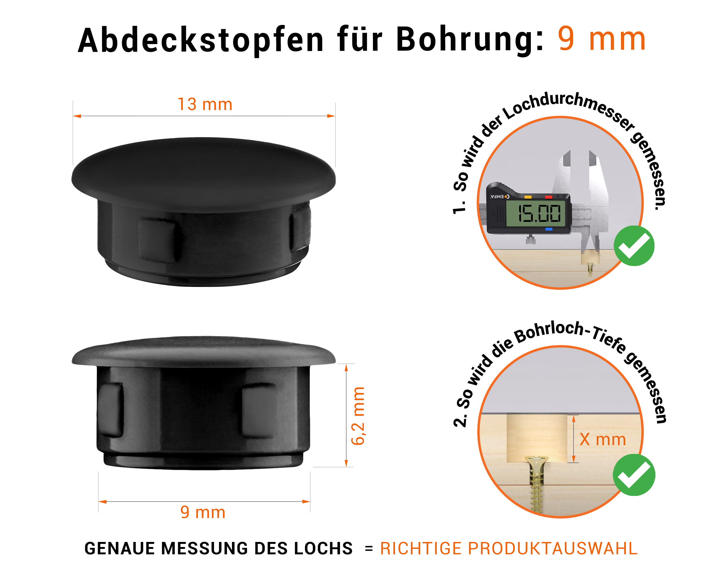 Schwarze Blindstopfen aus Kunststoff für Bohrung 9 mm mm mit technischen Abmessungen und Anleitung für korrekte Messung