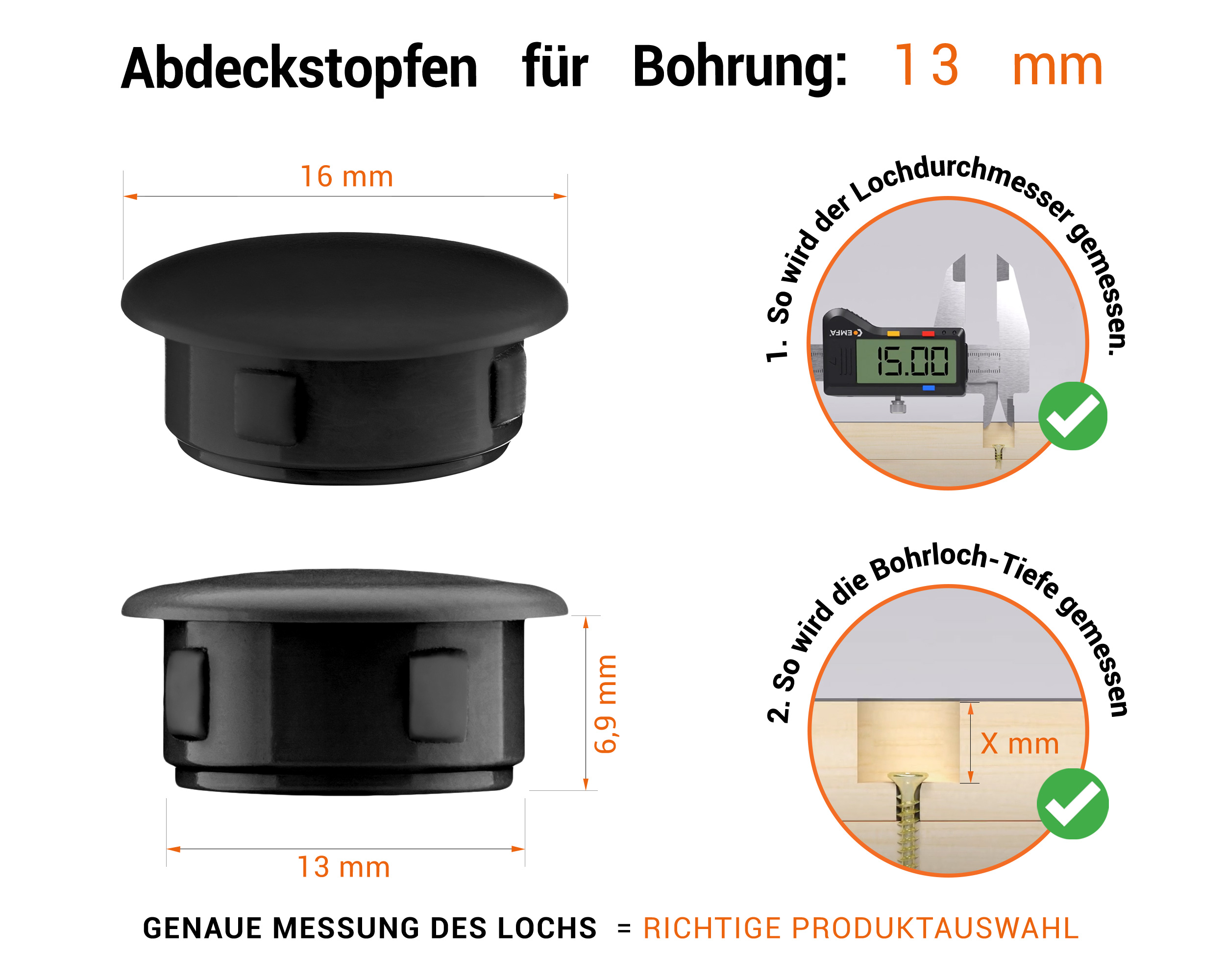 Schwarze Blindstopfen aus Kunststoff für Bohrung 13 mmmm mit technischen Abmessungen und Anleitung für korrekte Messung