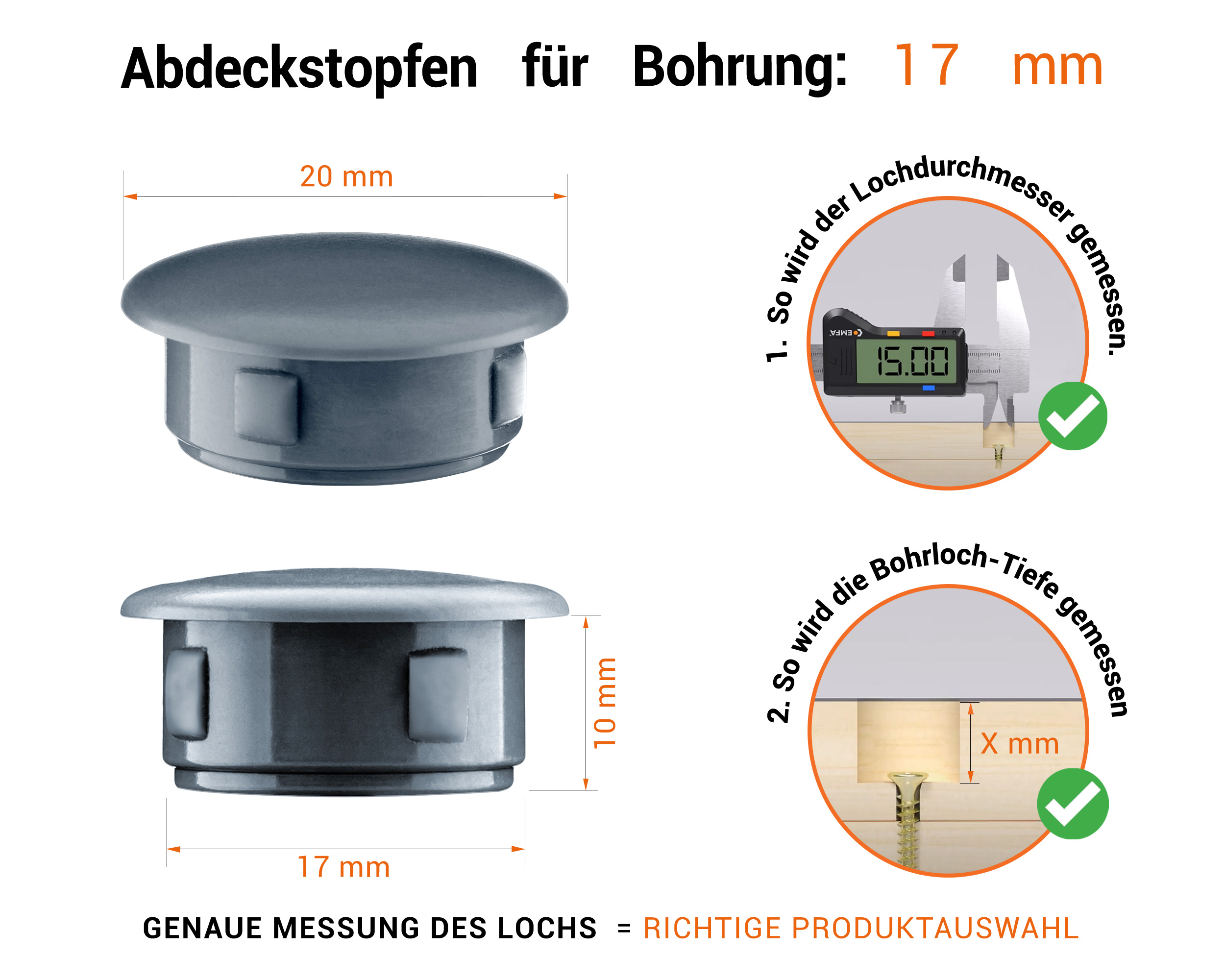 Anthrazite Blindstopfen aus Kunststoff für Bohrung 17 mmmm mit technischen Abmessungen und Anleitung für korrekte Messung
