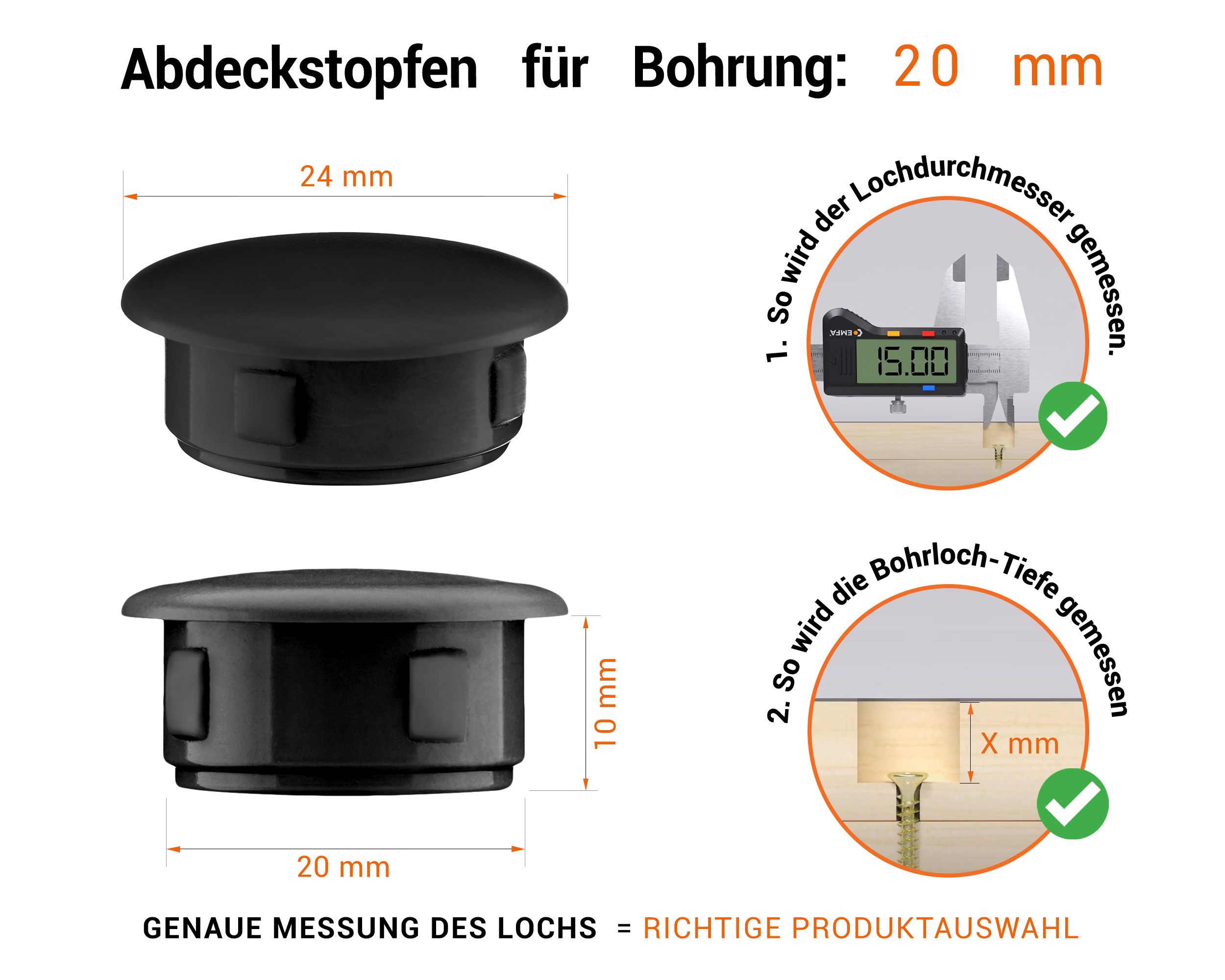 Schwarze Blindstopfen aus Kunststoff für Bohrung 20 mmmm mit technischen Abmessungen und Anleitung für korrekte Messung