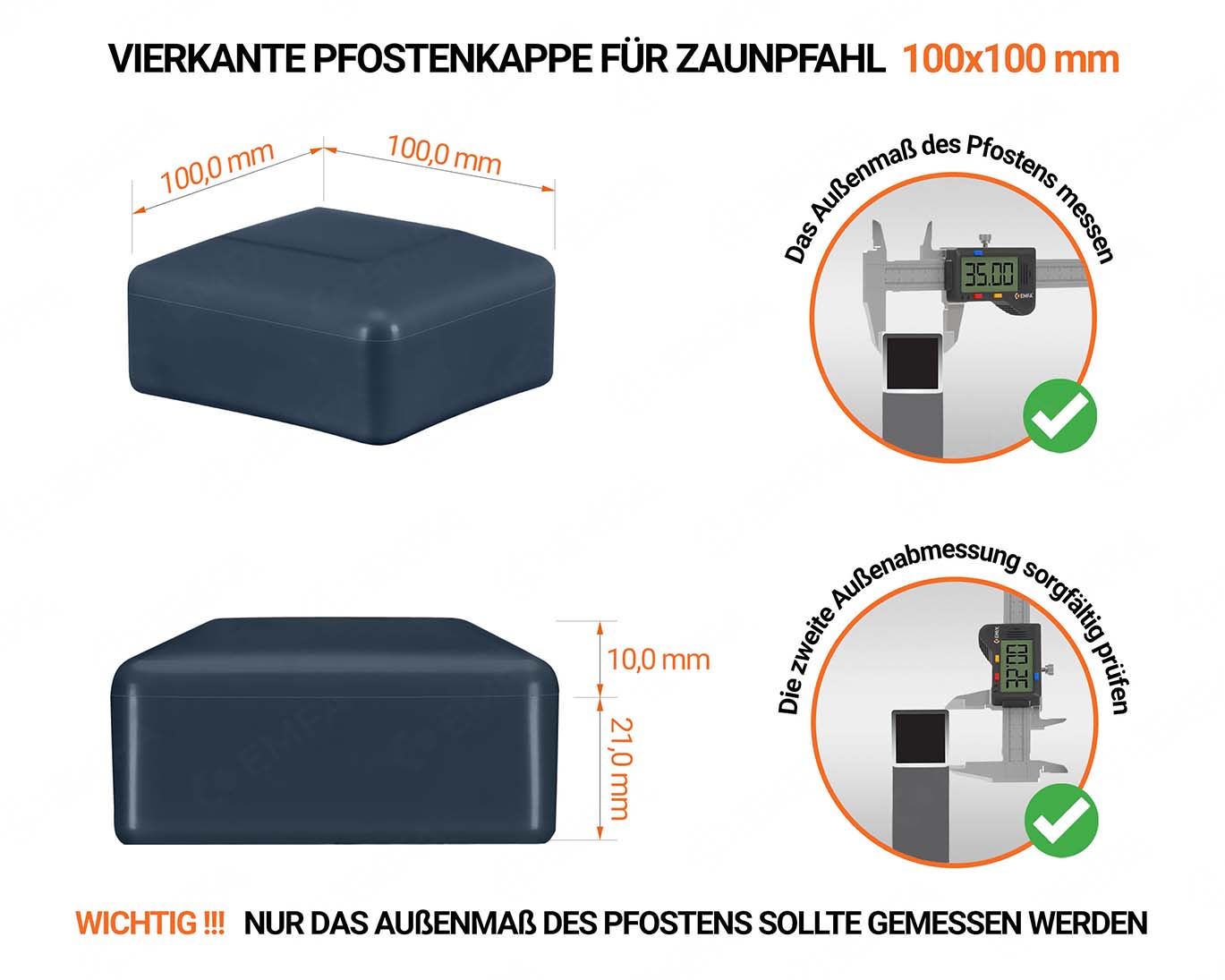 Anthrazite Pfostenkappen vierkant für Pfostenmaße 100x100 mm mit technischen Abmessungen und Anleitung für korrekte Messung