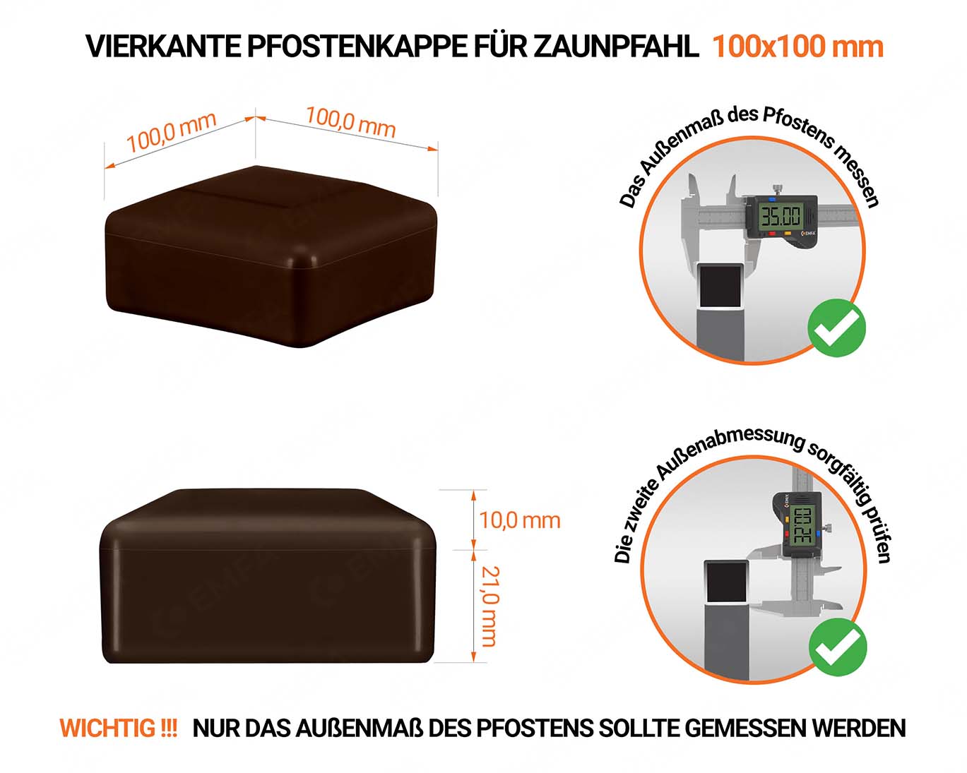 Braune Pfostenkappen vierkant für Pfostenmaße 100x100 mm mit technischen Abmessungen und Anleitung für korrekte Messung