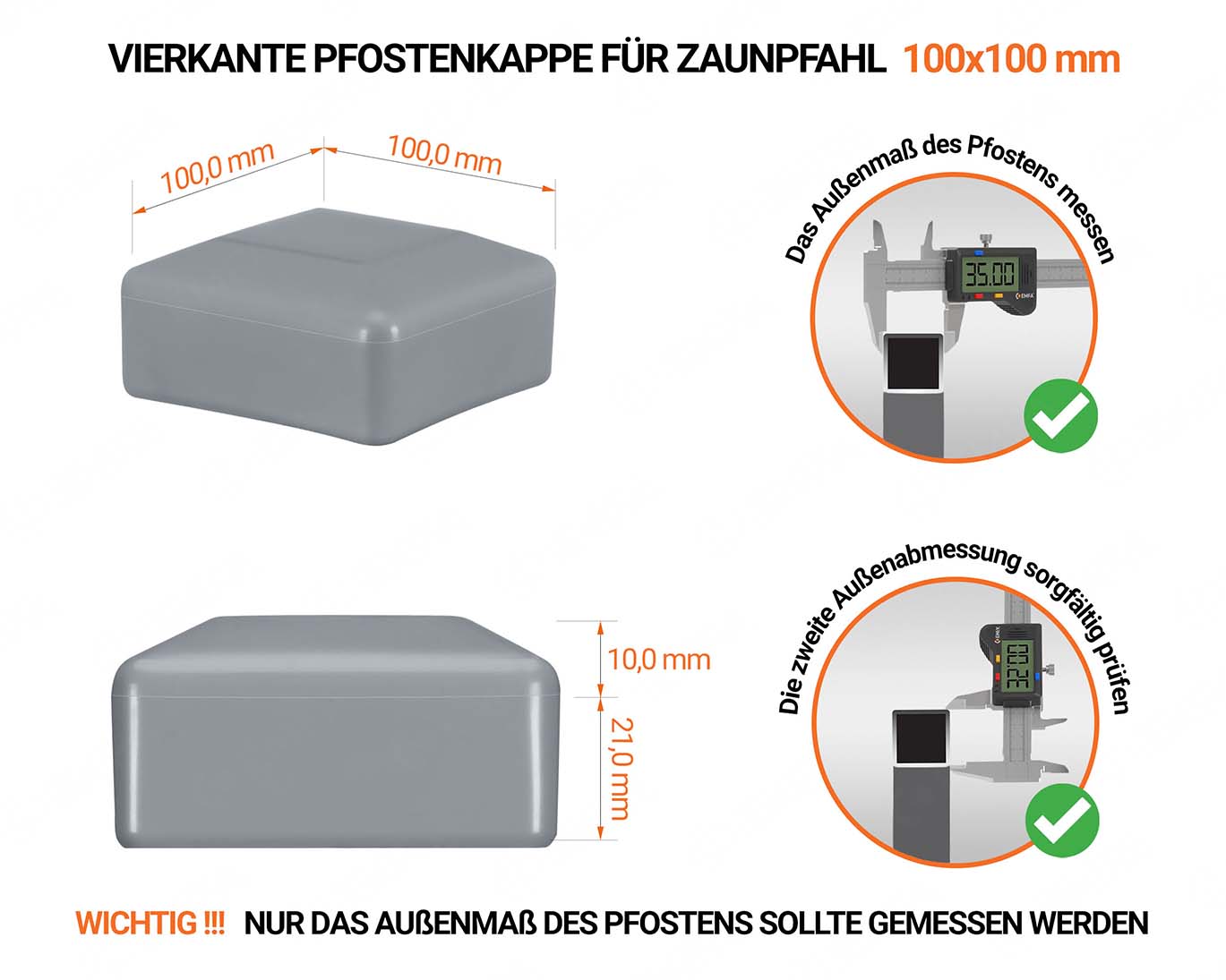 Graue Pfostenkappen vierkant für Pfostenmaße 100x100 mm mit technischen Abmessungen und Anleitung für korrekte Messung