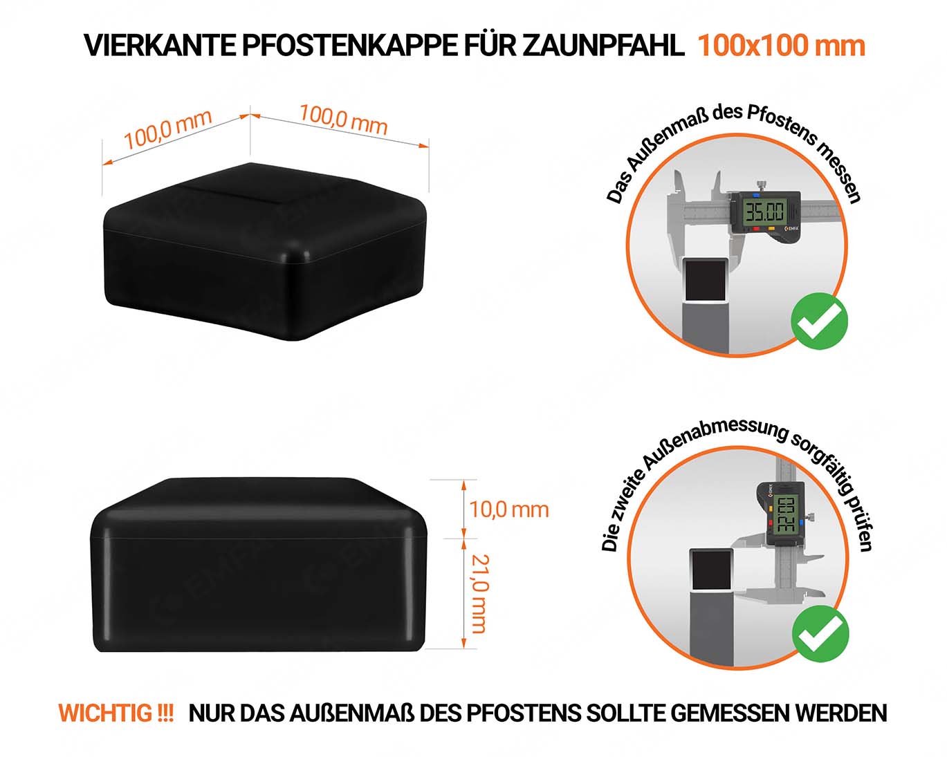 Schwarze Pfostenkappen vierkant für Pfostenmaße 15x15 mm  mit technischen Abmessungen und Anleitung für korrekte Messung