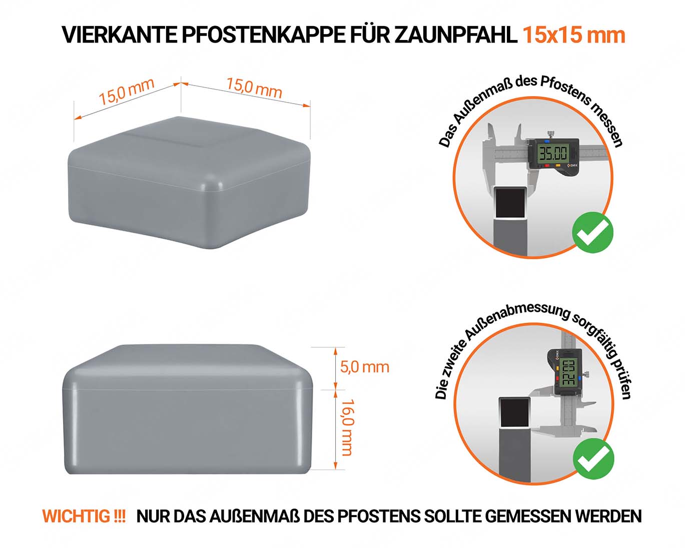 Graue Pfostenkappen vierkant für Pfostenmaße 15x15 mm  mit technischen Abmessungen und Anleitung für korrekte Messung