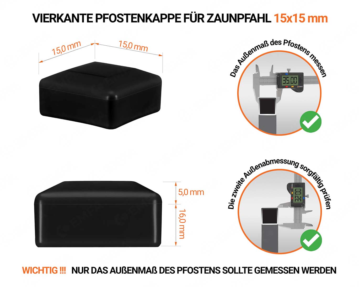 Schwarze Pfostenkappen vierkant für Pfostenmaße 18x18 mm  mit technischen Abmessungen und Anleitung für korrekte Messung