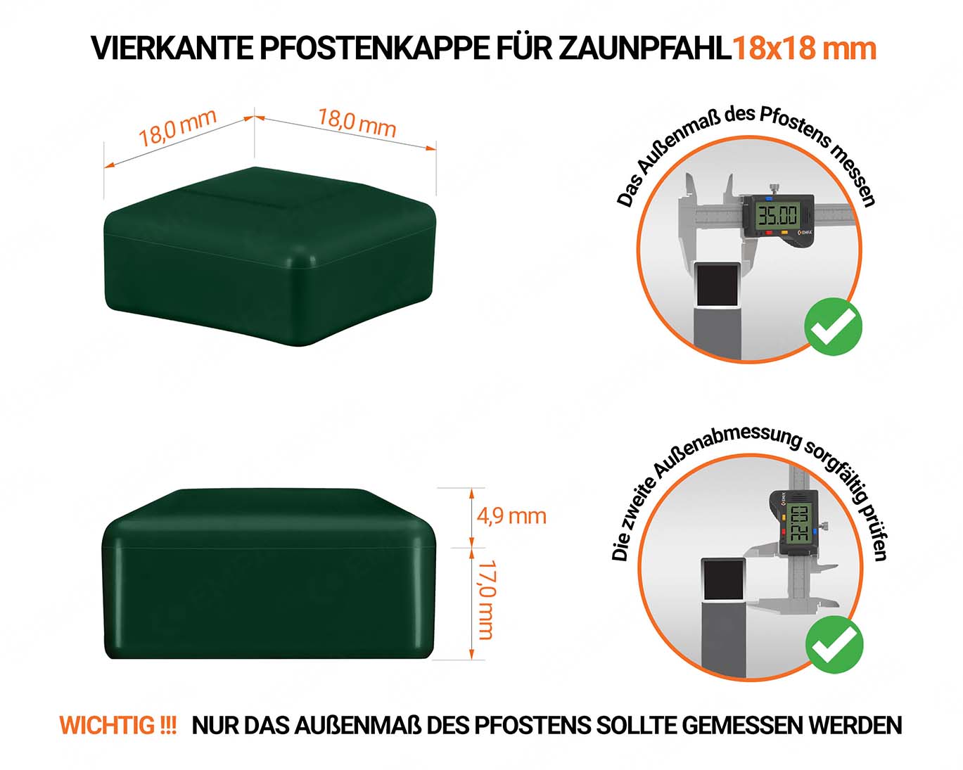 Grüne Pfostenkappen vierkant für Pfostenmaße 18x18 mm  mit technischen Abmessungen und Anleitung für korrekte Messung
