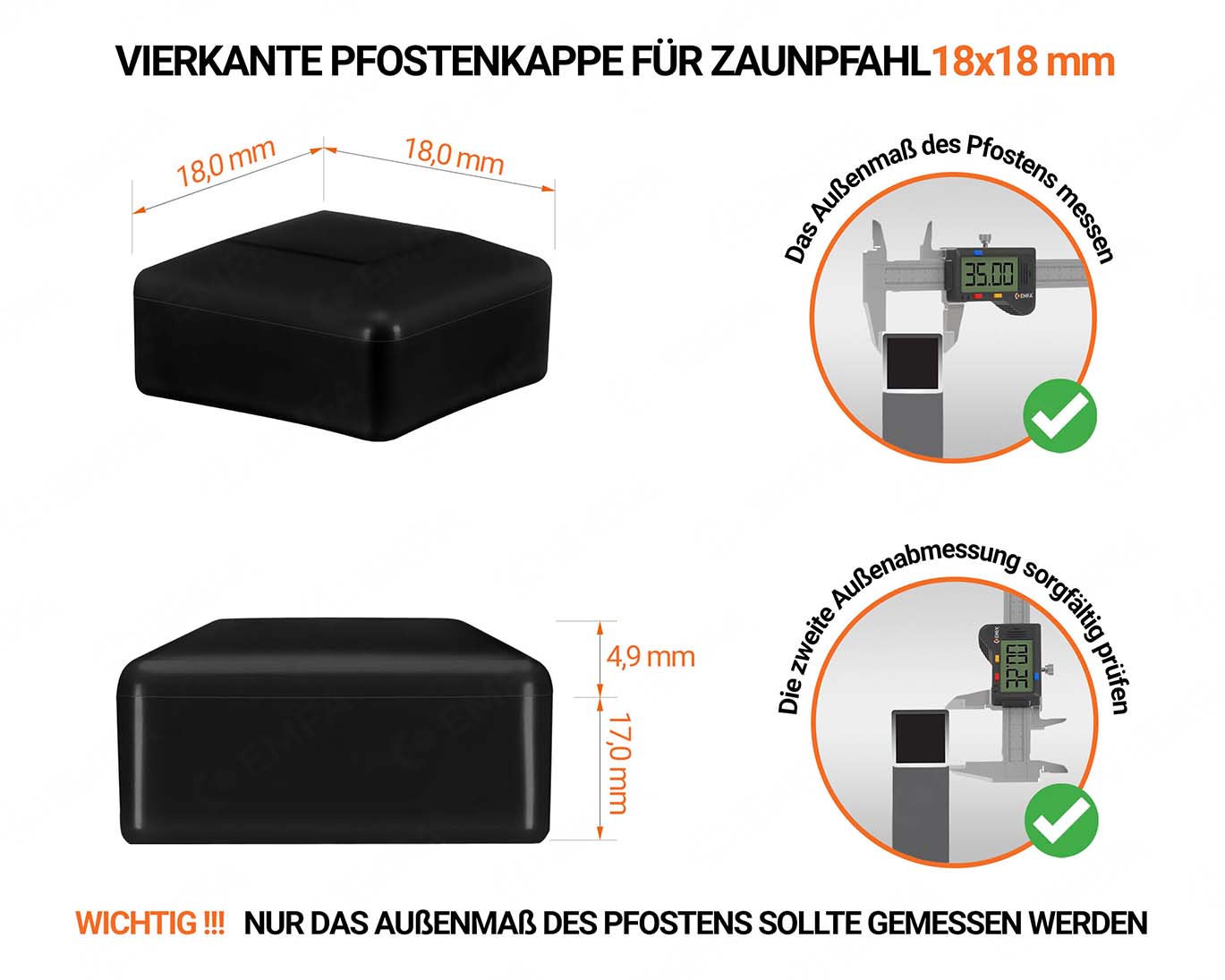 Schwarze Pfostenkappen vierkant für Pfostenmaße 20x20 mm  mit technischen Abmessungen und Anleitung für korrekte Messung