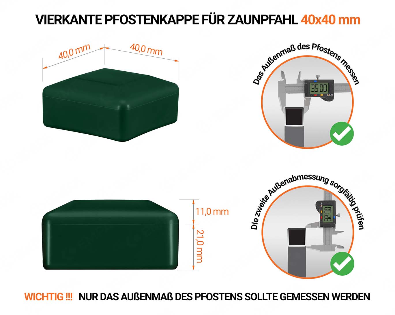 Grüne Pfostenkappen vierkant für Pfostenmaße 40x40 mm  mit technischen Abmessungen und Anleitung für korrekte Messung