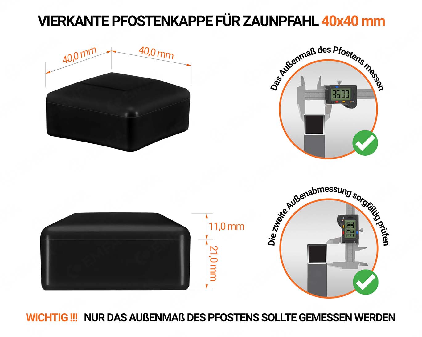 Schwarze Pfostenkappen vierkant für Pfostenmaße 50x50 mm  mit technischen Abmessungen und Anleitung für korrekte Messung