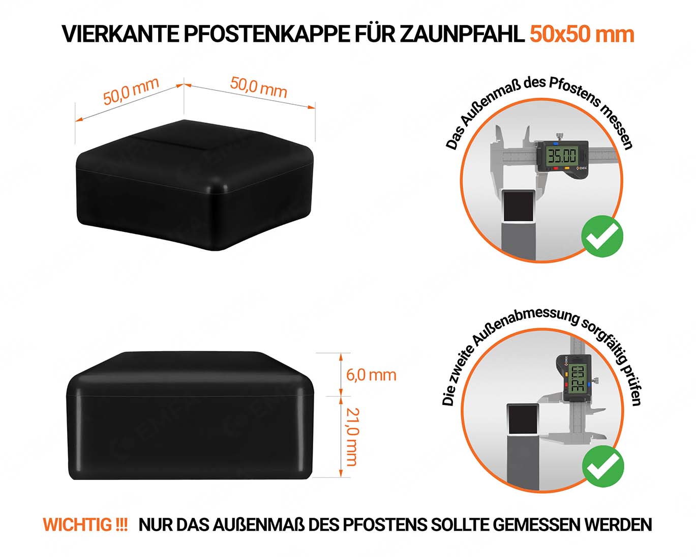 Schwarze Pfostenkappen vierkant für Pfostenmaße 60x60 mm  mit technischen Abmessungen und Anleitung für korrekte Messung