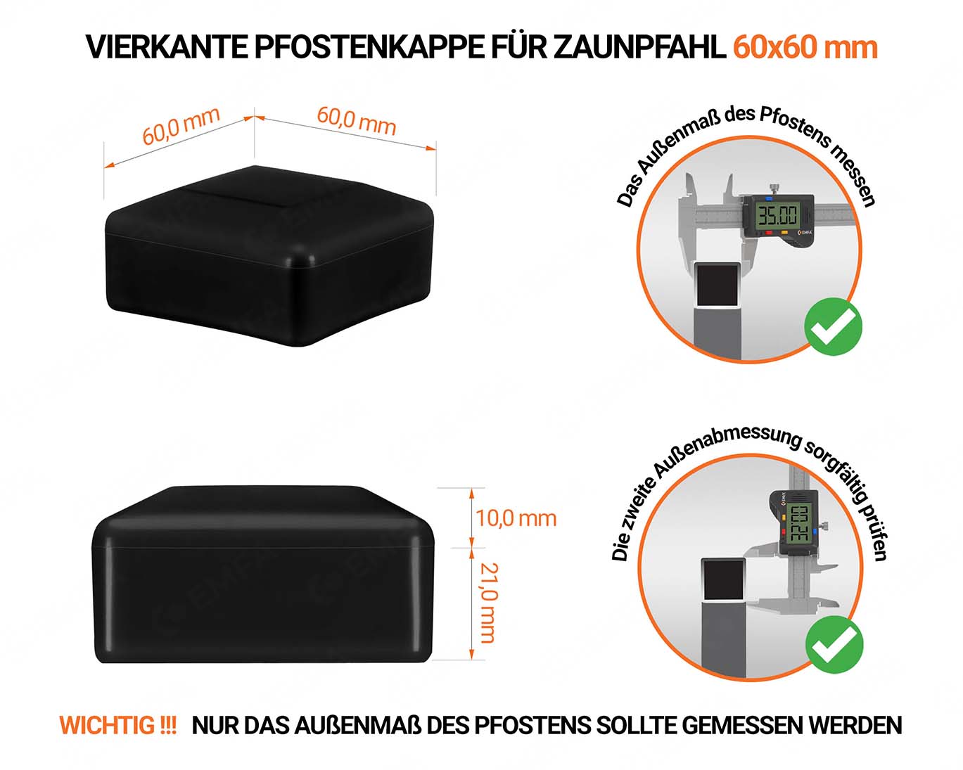 Schwarze Pfostenkappen vierkant für Pfostenmaße 70x70 mm  mit technischen Abmessungen und Anleitung für korrekte Messung