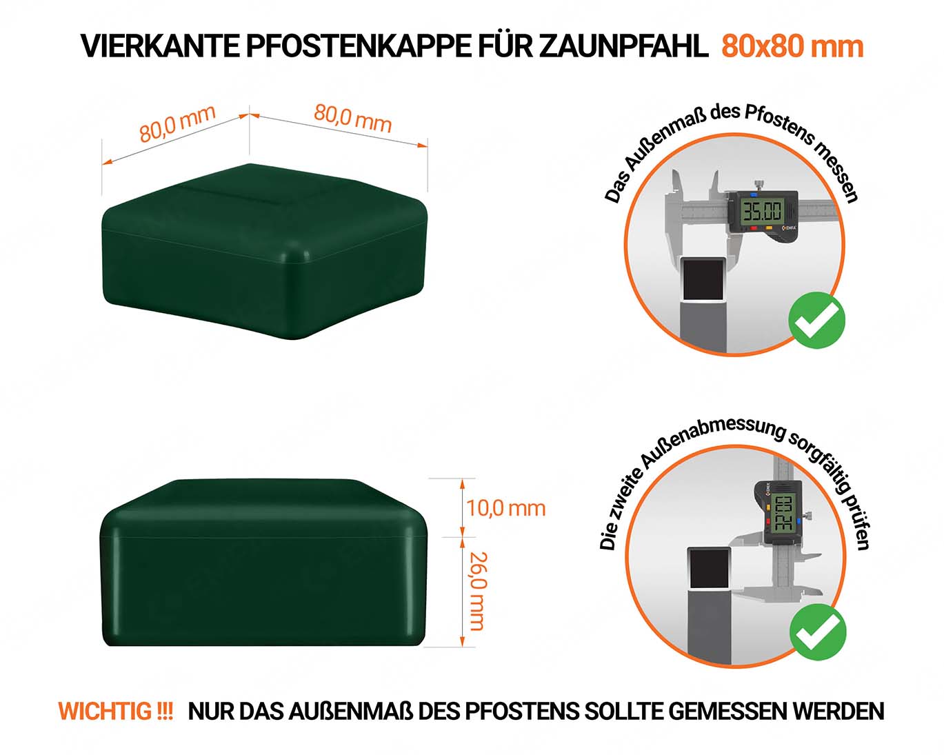 Grüne Pfostenkappen vierkant für Pfostenmaße 80x80 mm  mit technischen Abmessungen und Anleitung für korrekte Messung