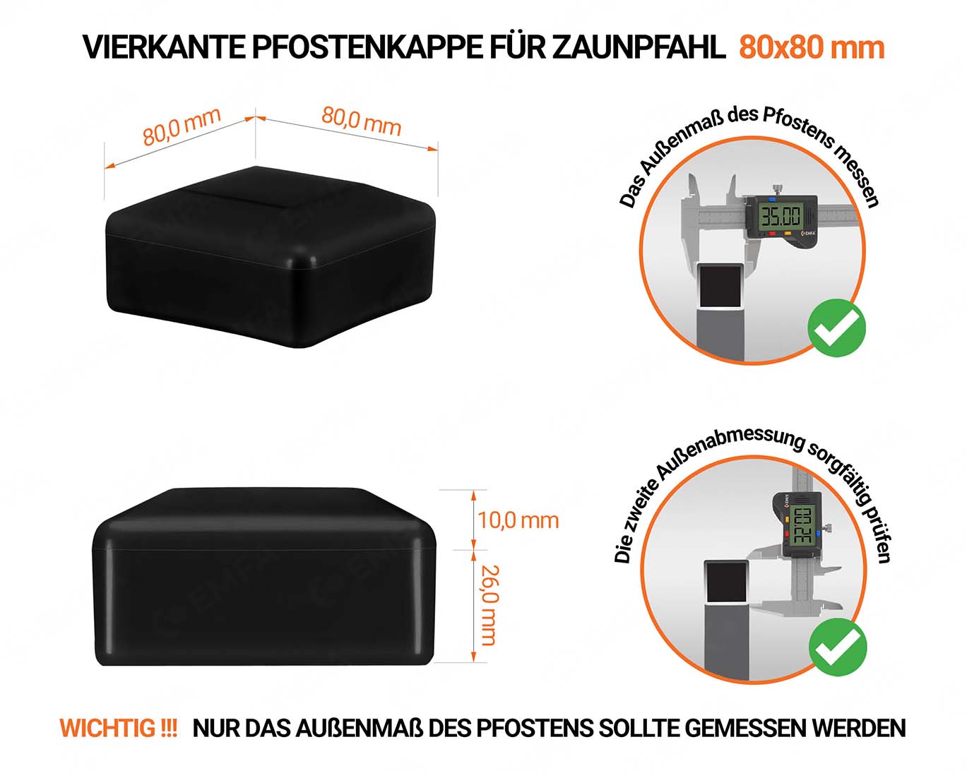 Schwarze Pfostenkappen vierkant für Pfostenmaße 80x80 mm  mit technischen Abmessungen und Anleitung für korrekte Messung