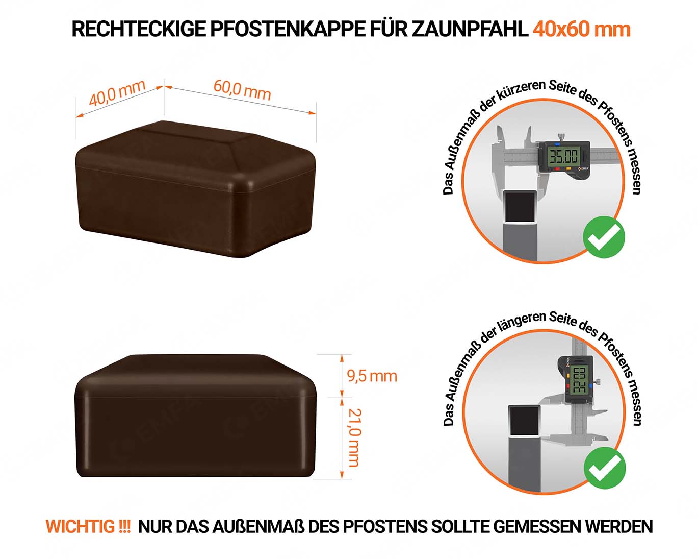 Braune Pfostenkappen rechteckig für Pfostenmaße 40x60 mm mit technischen Abmessungen und Anleitung für korrekte Messung