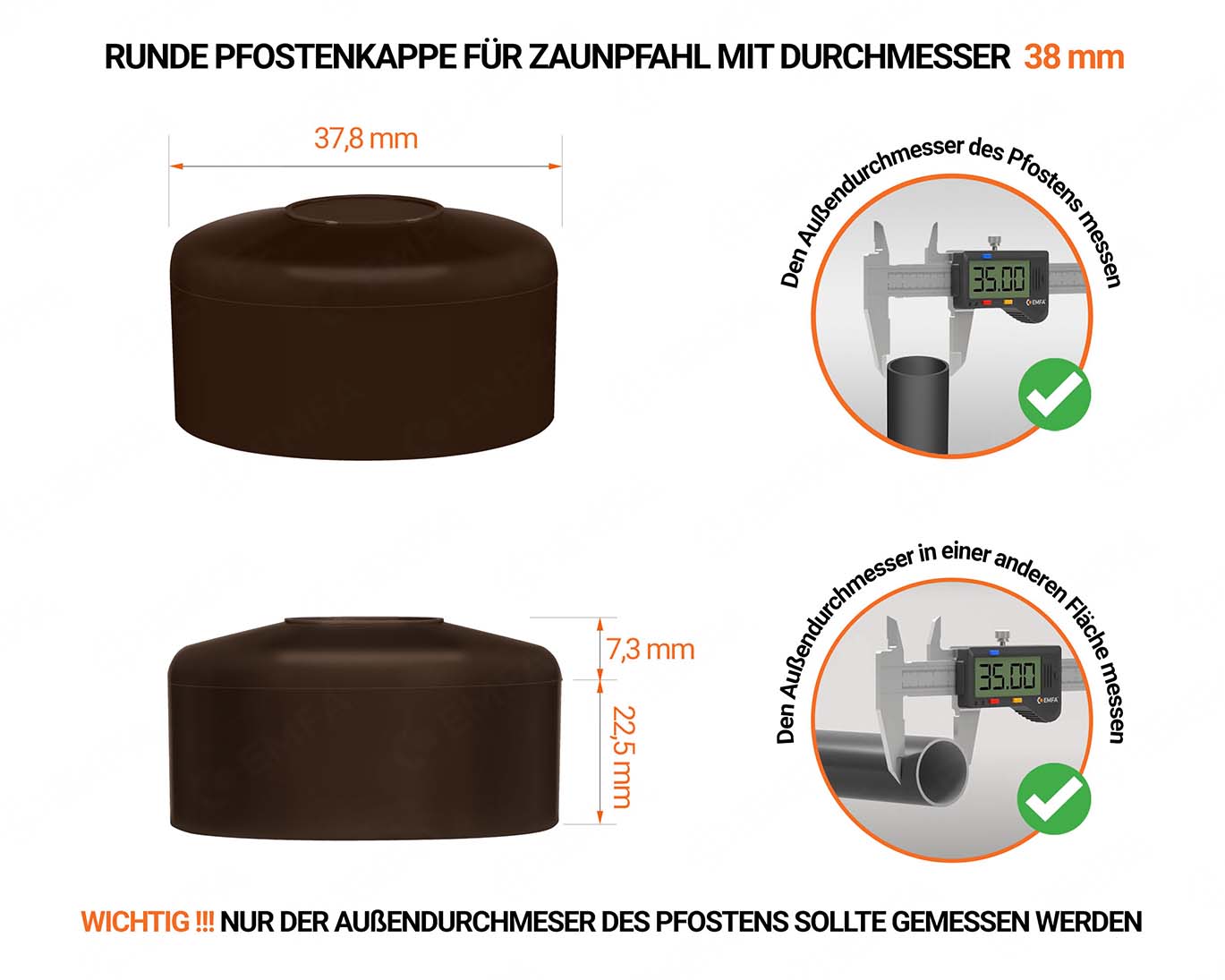 Braune Pfostenkappen rund für Pfostendurchmesser  38 mm mit technischen Abmessungen und Anleitung für korrekte Messung