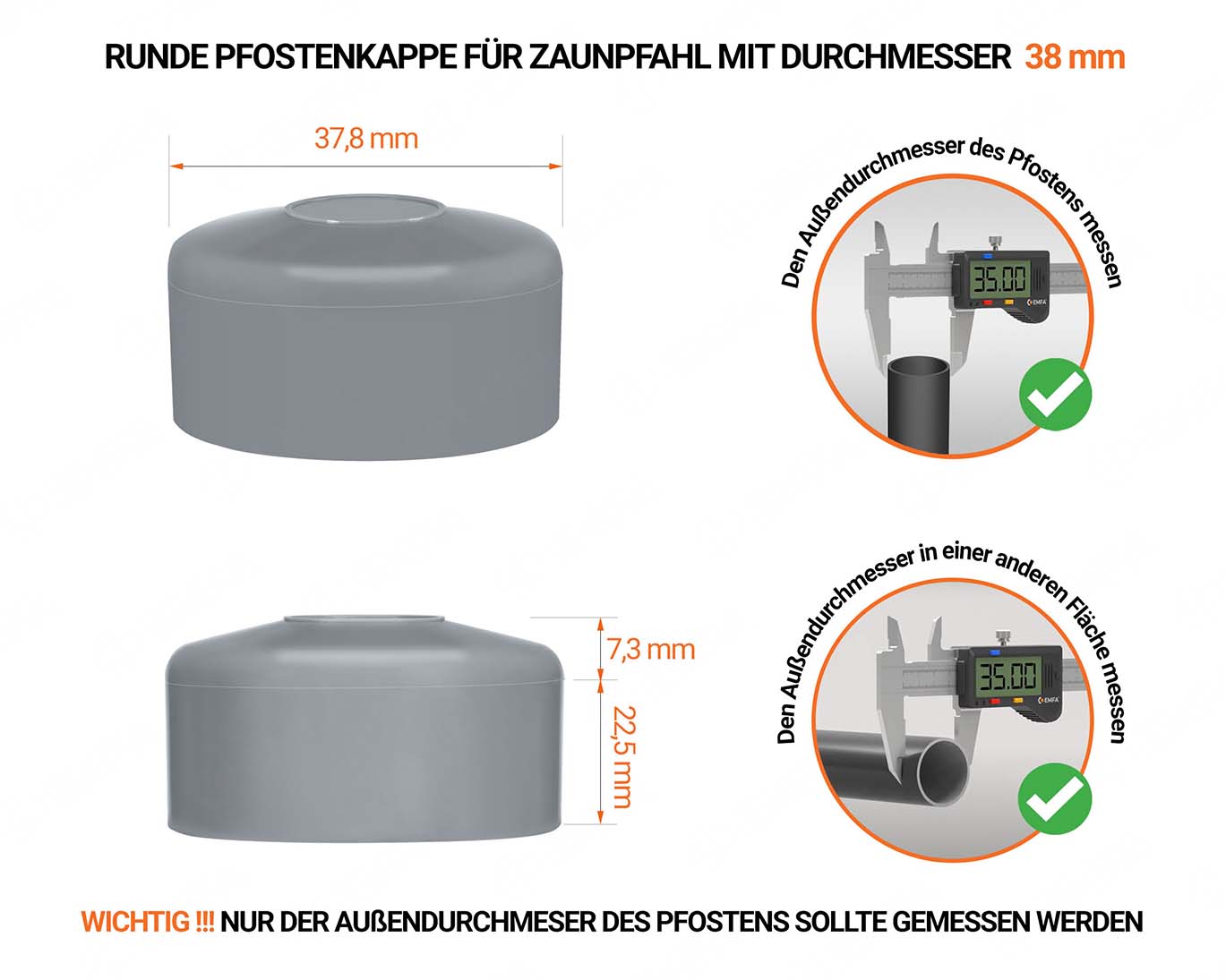 Graue Pfostenkappen rund für Pfostendurchmesser  38 mm mit technischen Abmessungen und Anleitung für korrekte Messung