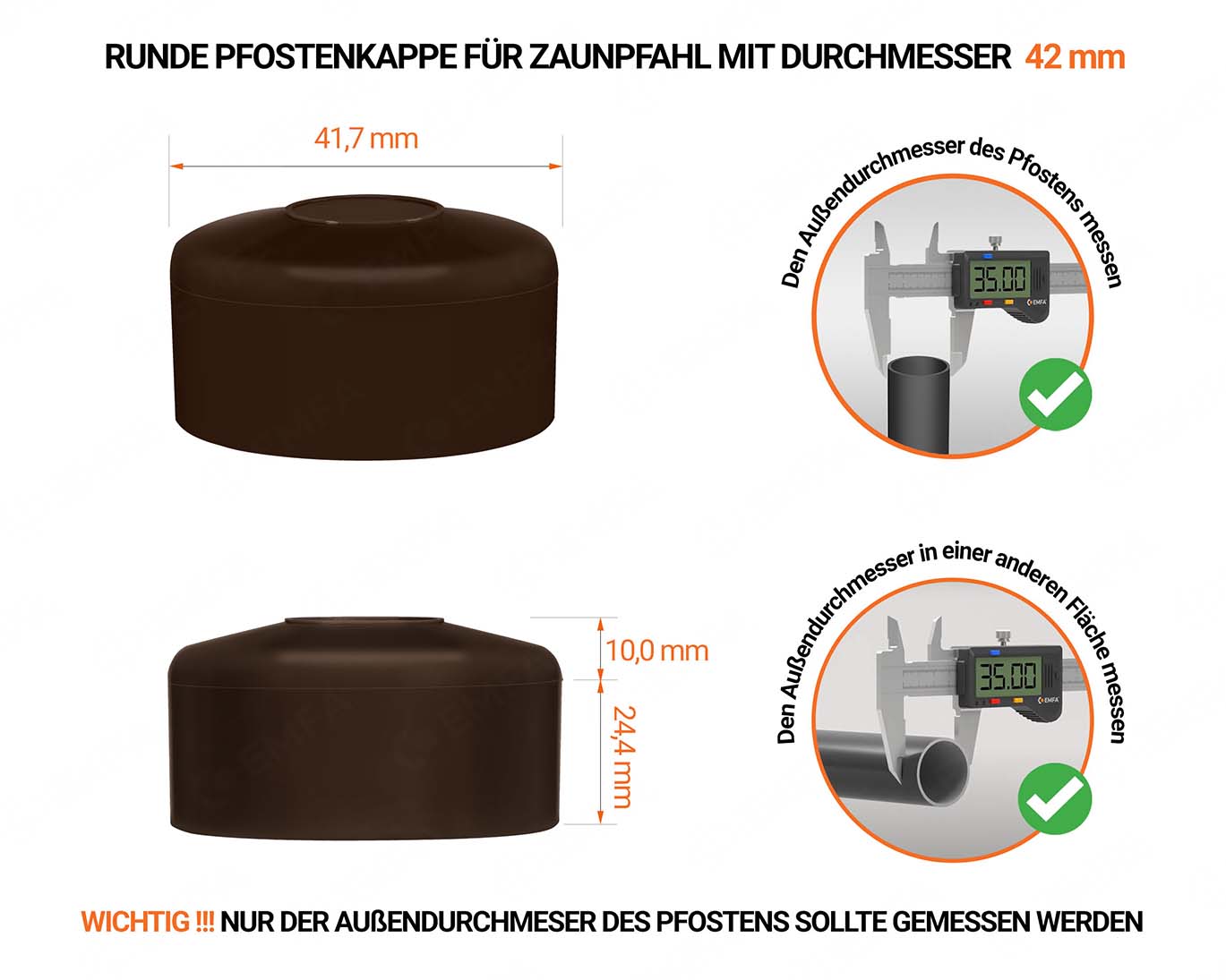 Braune Pfostenkappen rund für Pfostendurchmesser  42 mm mit technischen Abmessungen und Anleitung für korrekte Messung