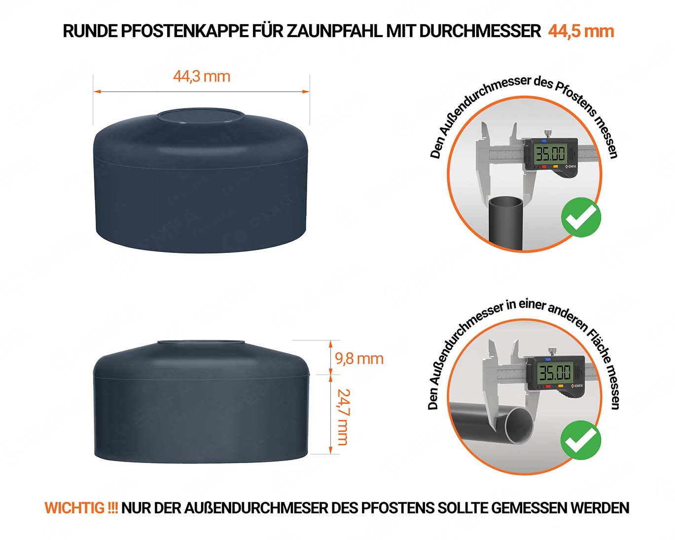 Anthrazite Pfostenkappen rund für Pfostendurchmesser  44,5 mm mit technischen Abmessungen und Anleitung für korrekte Messung
