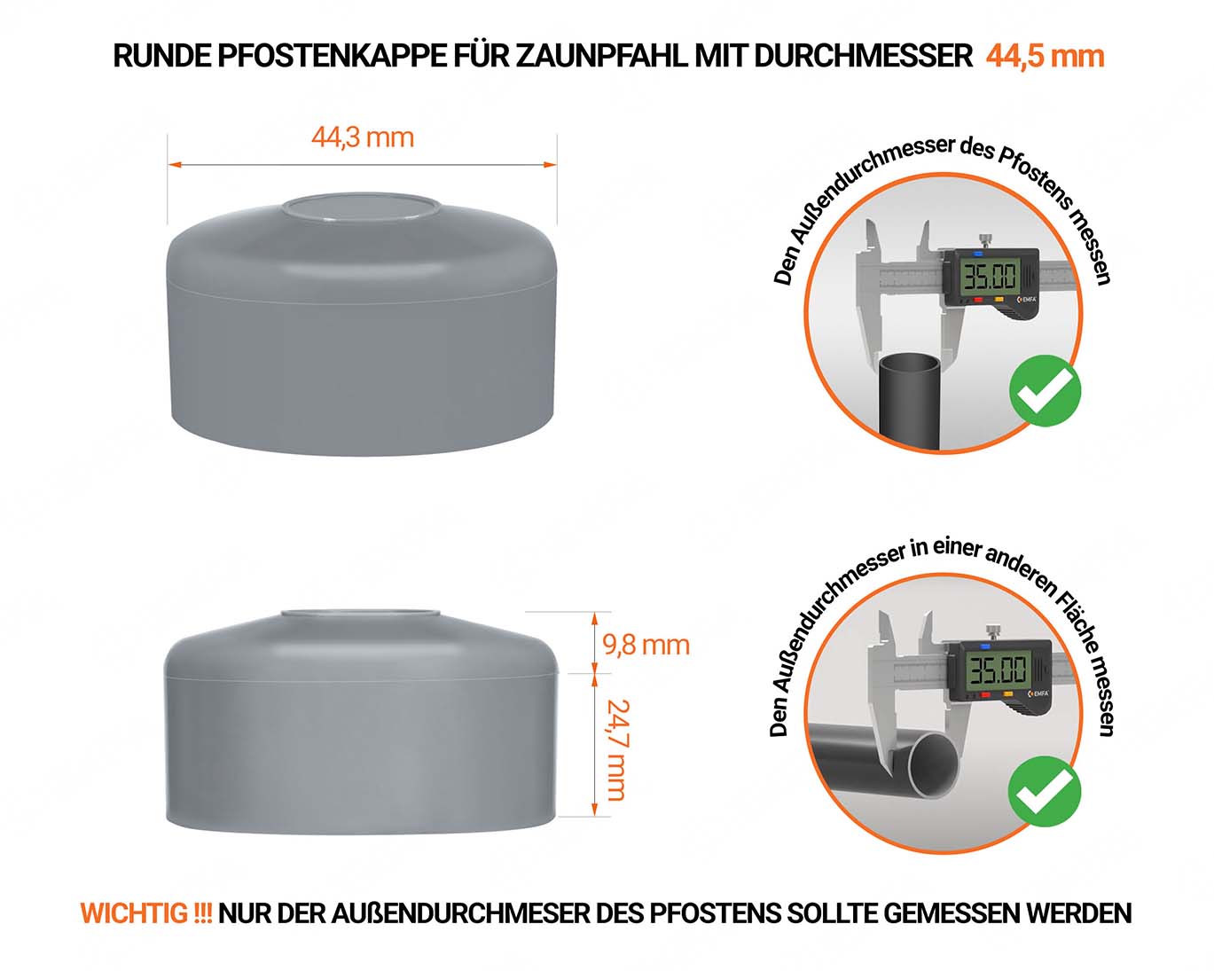 Graue Pfostenkappen rund für Pfostendurchmesser  44,5 mm mit technischen Abmessungen und Anleitung für korrekte Messung