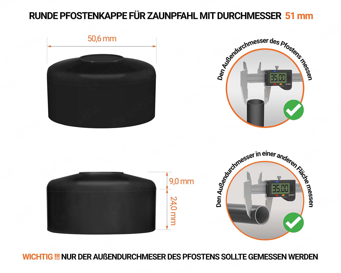 Schwarze Pfostenkappen rund für Pfostendurchmesser  51 mm mit technischen Abmessungen und Anleitung für korrekte Messung