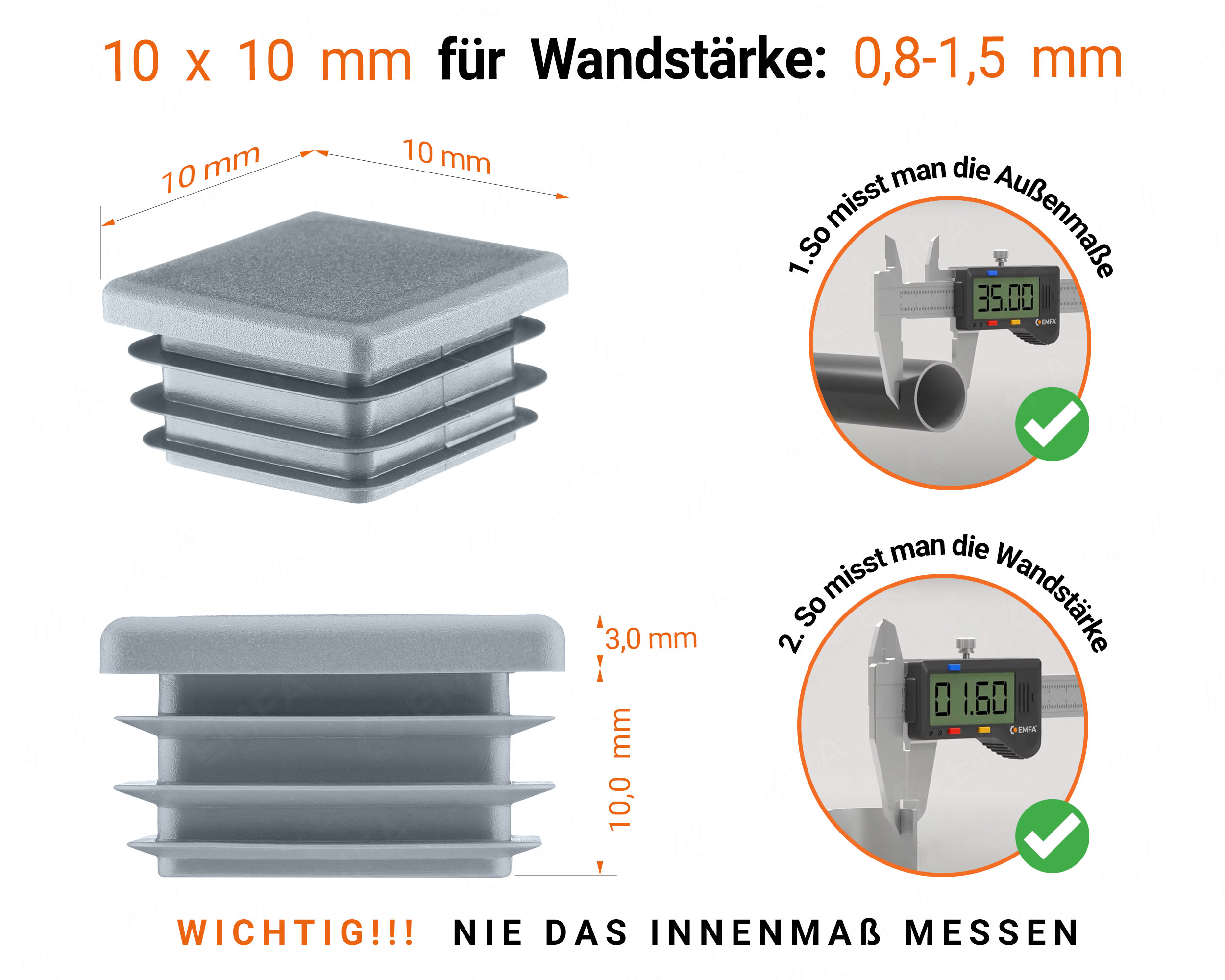 Grau Endkappe für Vierkantrohre in der Größe 10x10 mm mit technischen Abmessungen und Anleitung für korrekte Messung