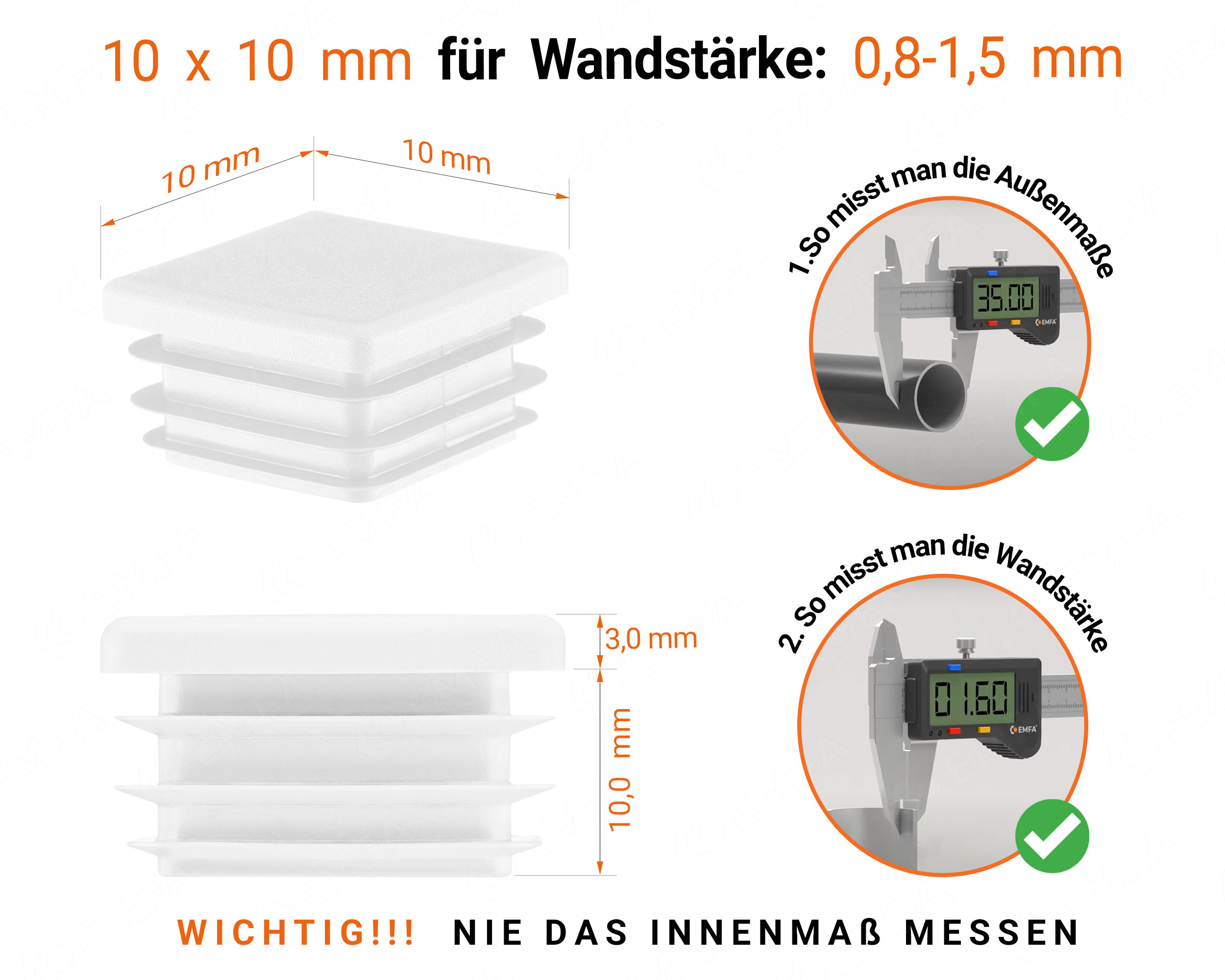 Weiße Endkappe für Vierkantrohre in der Größe 10x10 mm mit technischen Abmessungen und Anleitung für korrekte Messung