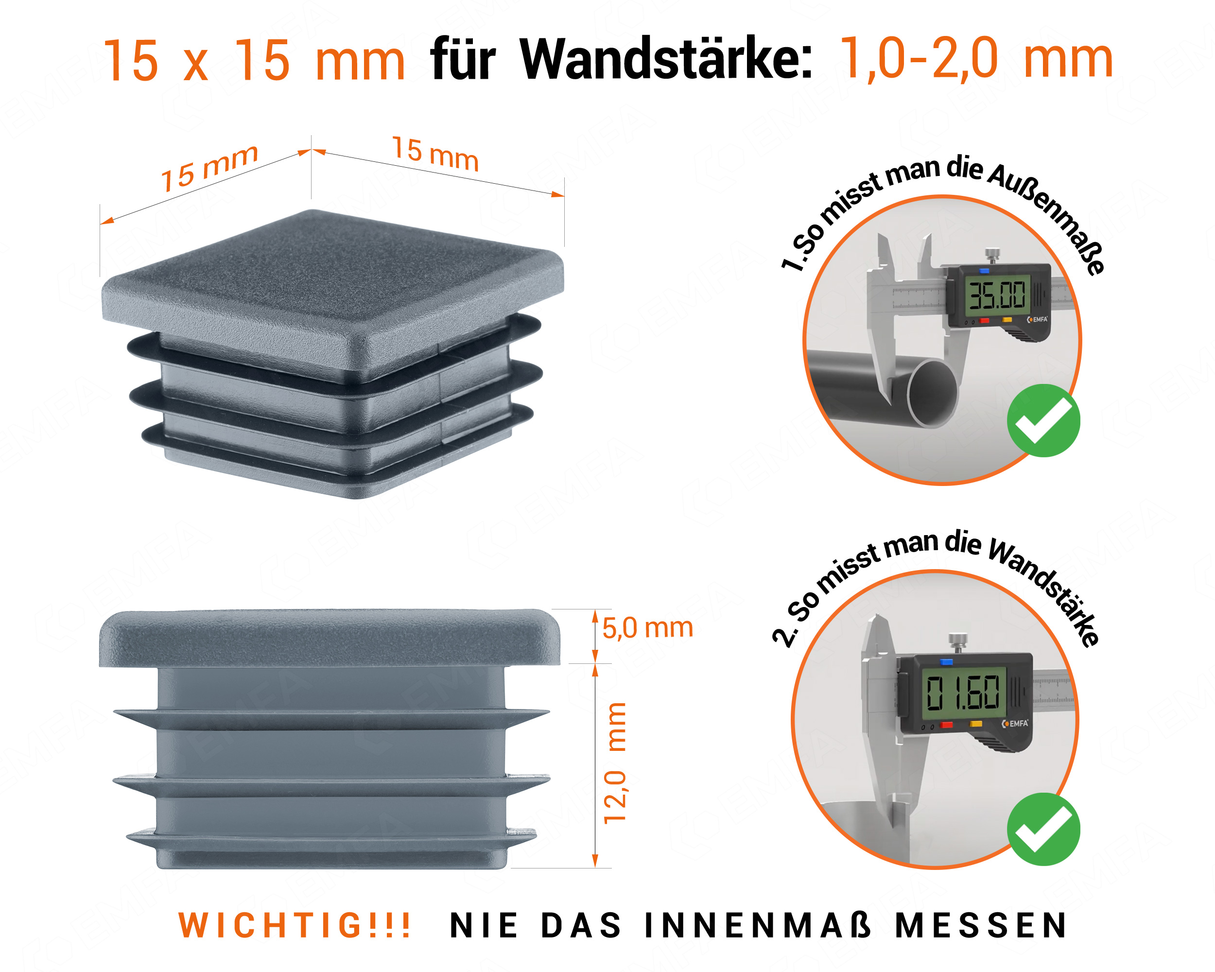 Anthrazite Endkappe für Vierkantrohre in der Größe 15x15 mm mit technischen Abmessungen und Anleitung für korrekte Messung