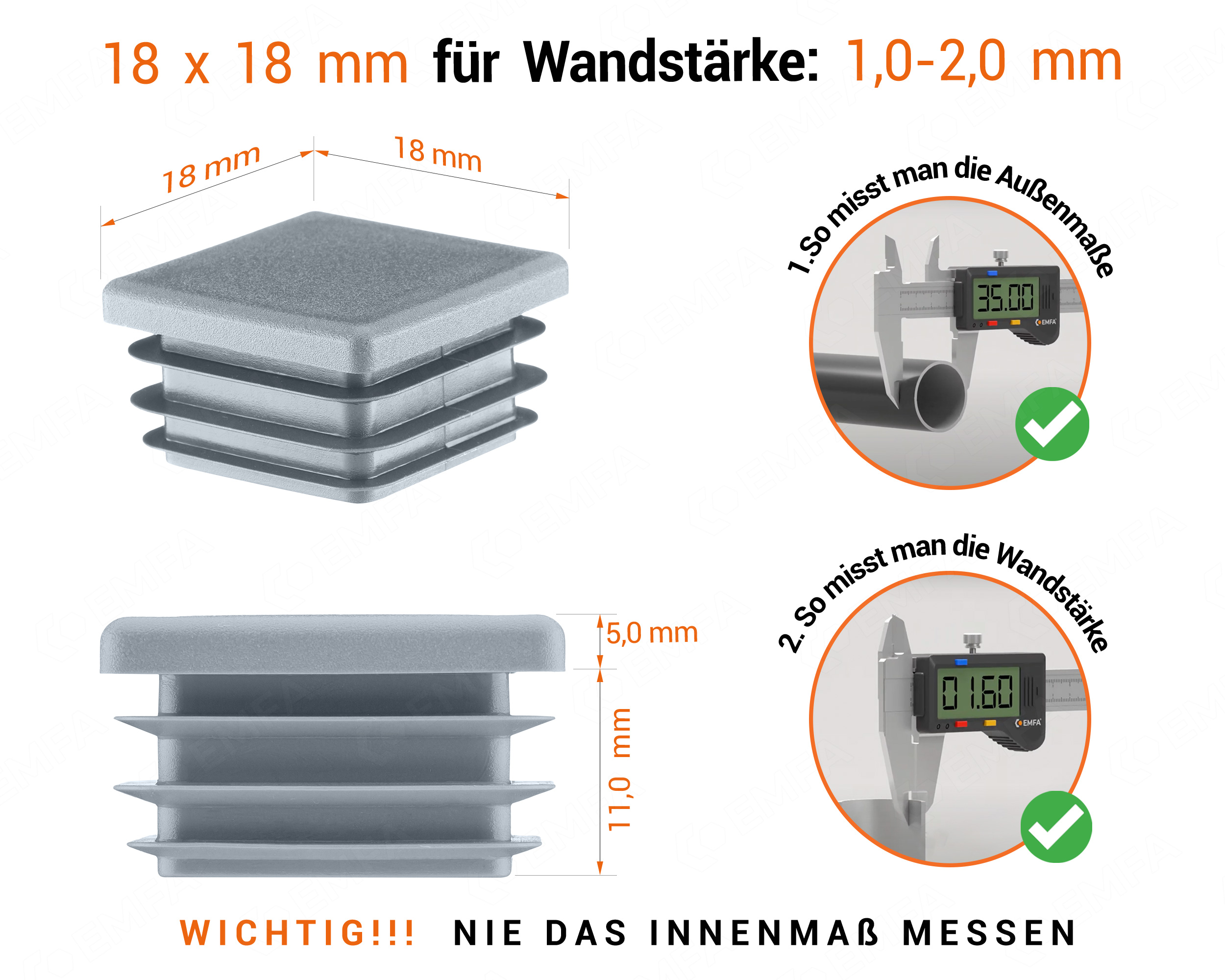 Grau Endkappe für Vierkantrohre in der Größe 18x18 mm mit technischen Abmessungen und Anleitung für korrekte Messung